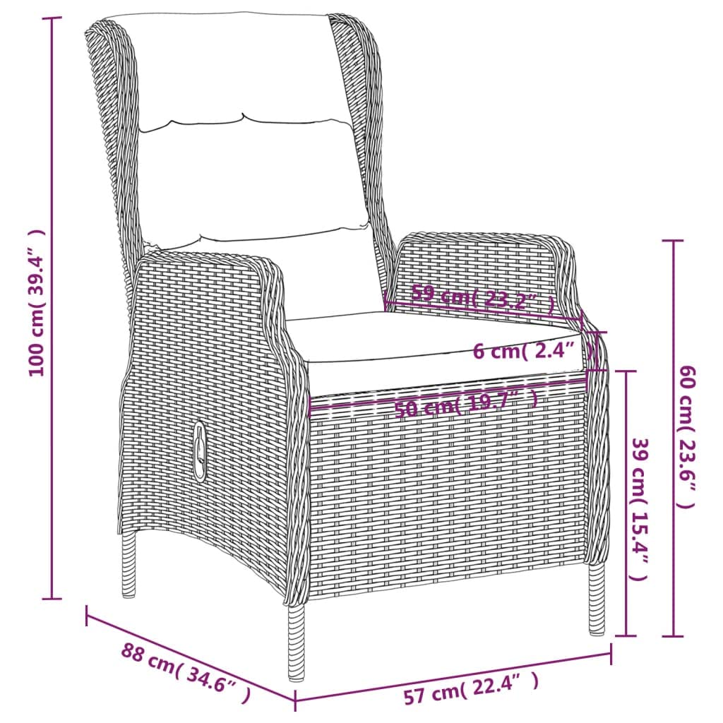 vidaXL 3-Piece Patio Dining Set - Outdoor Garden Furniture with Adjustable Reclining Chairs, Weather-Resistant PE Rattan, Removable Cushions, Glass Tabletop, Easy Maintenance - Brown/Black