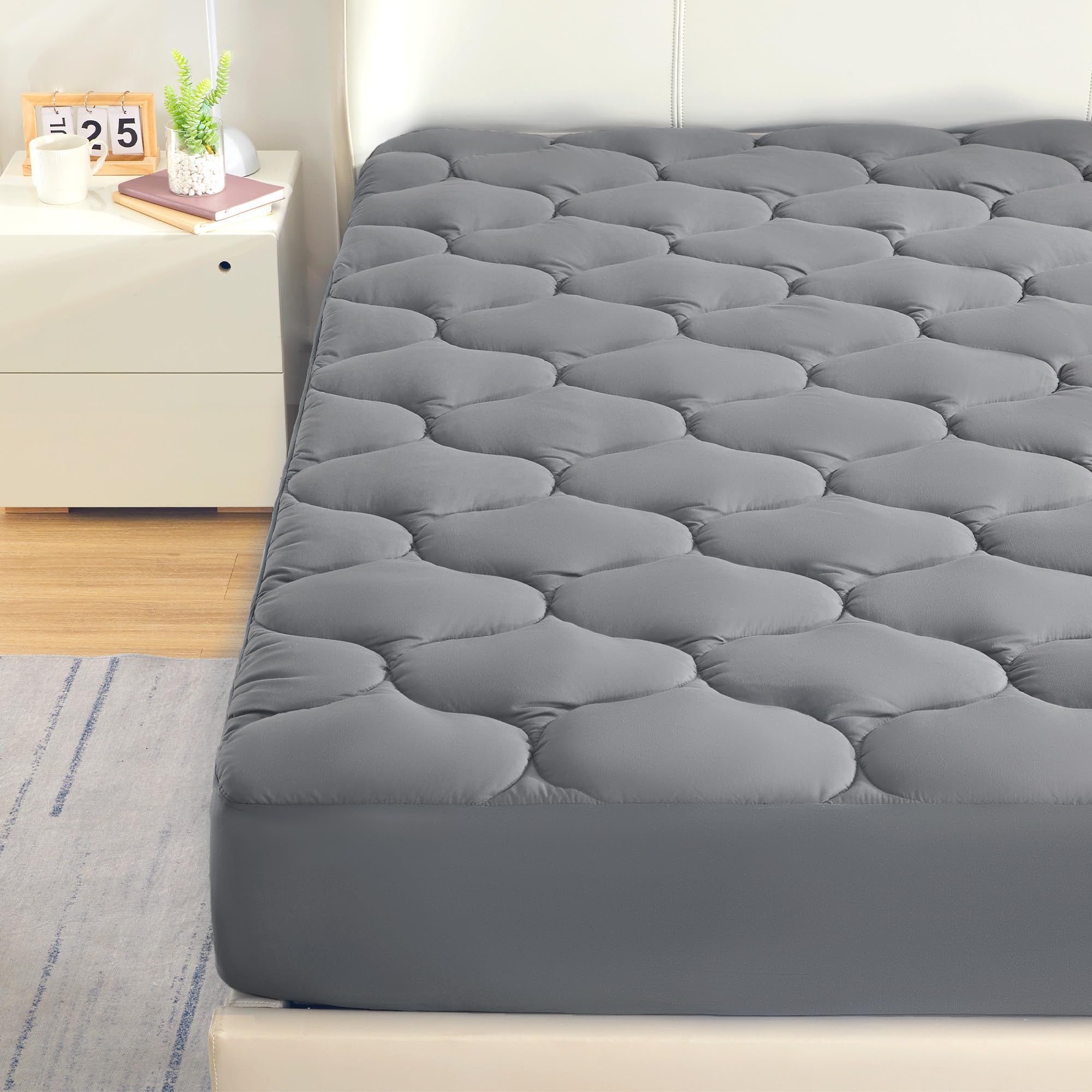 Sleep Zone Cooling Mattress Topper Queen, Extra Thick Mattress Pad Cover, Soft Fluffy Pillow Top Bed Mattress Topper, Easy Care, Washable (Grey Lattice, Queen)