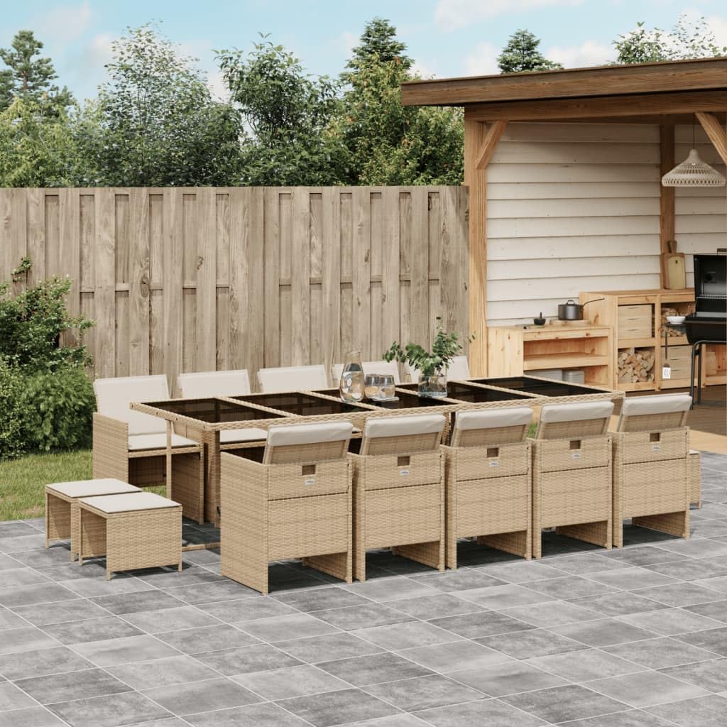 vidaXL 15 Piece Patio Dining Set - Beige Poly Rattan/Glass Table with Cushions, Space-Saving Foldable Chairs and Stools for Outdoor Garden, Backyard, Patio Lounge and Deck - Weather-Resistant