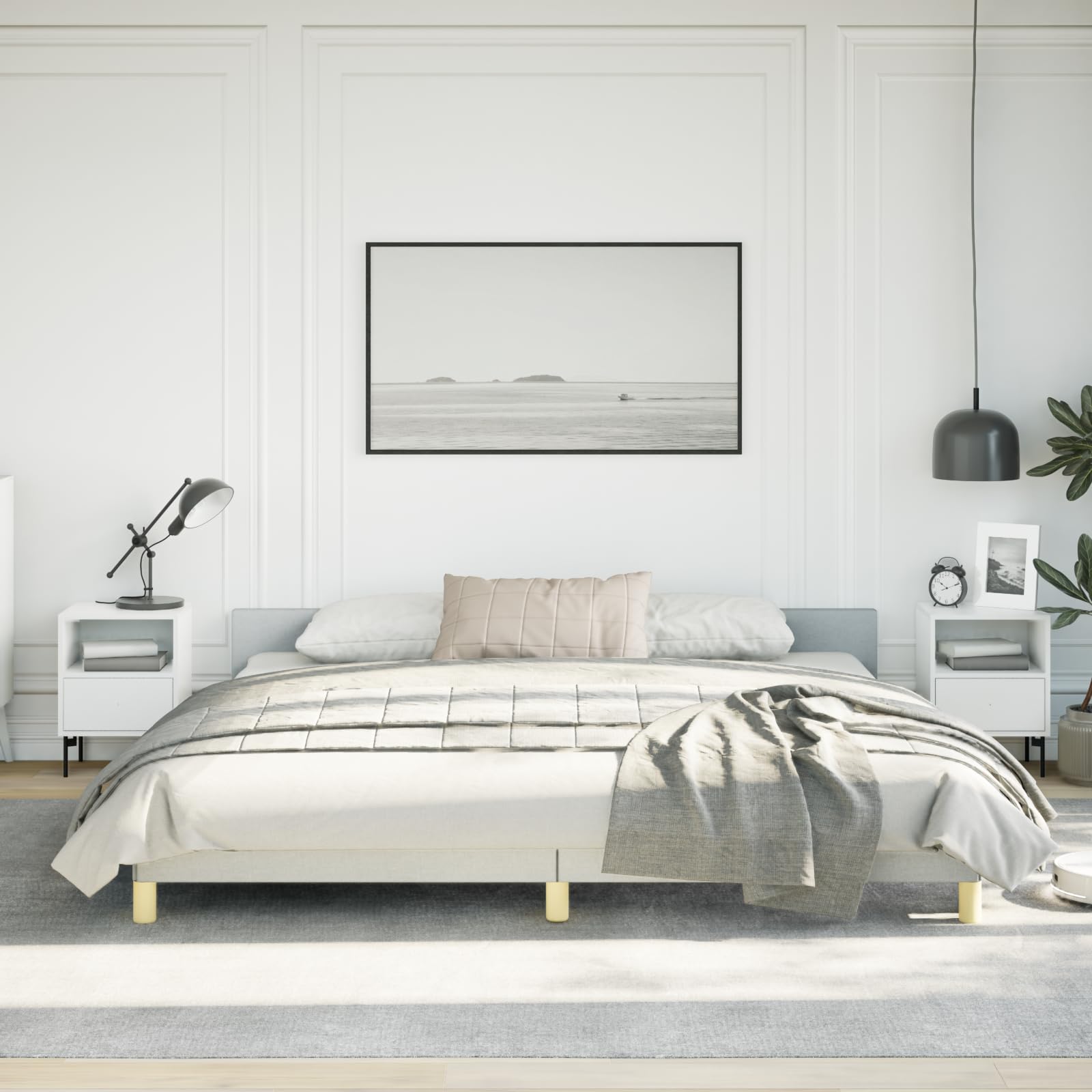 vidaXL Fabric Bed Frame Platform Bed, Scandinavian Style/Slats Support/No Box Spring Needed/Without Mattress/Easy Assembly, Light Grey California King Bed