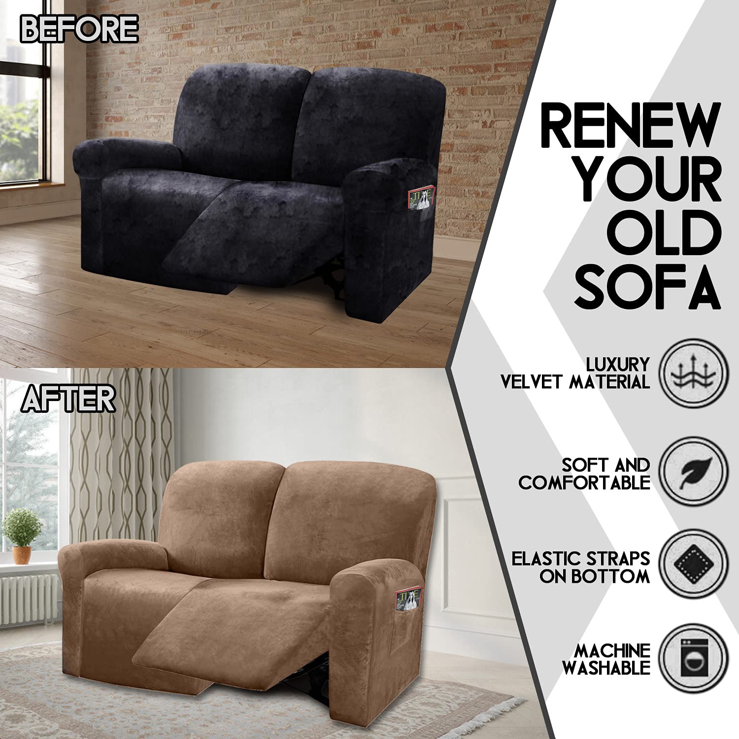 Ulticor Reclining Love Seat Slipcover, 48'' - 65'' L, 6-Piece Velvet Stretch Loveseat Reclining Sofa Covers, 2 Seat Love Seat Re