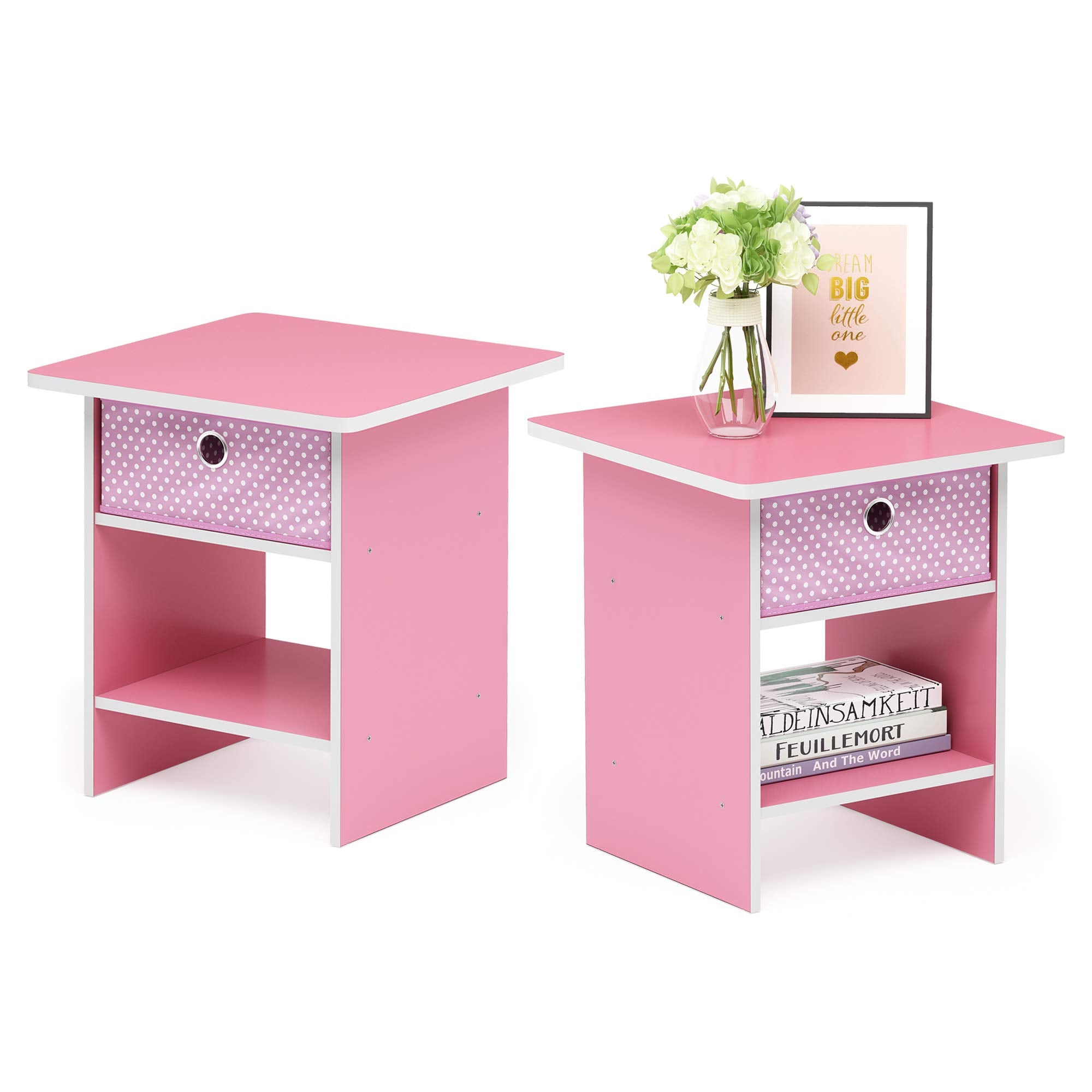 Furinno Dario End Table / Side Table / Night Stand / Bedside Table with Bin Drawer, 2-Pack, Pink/Light Pink