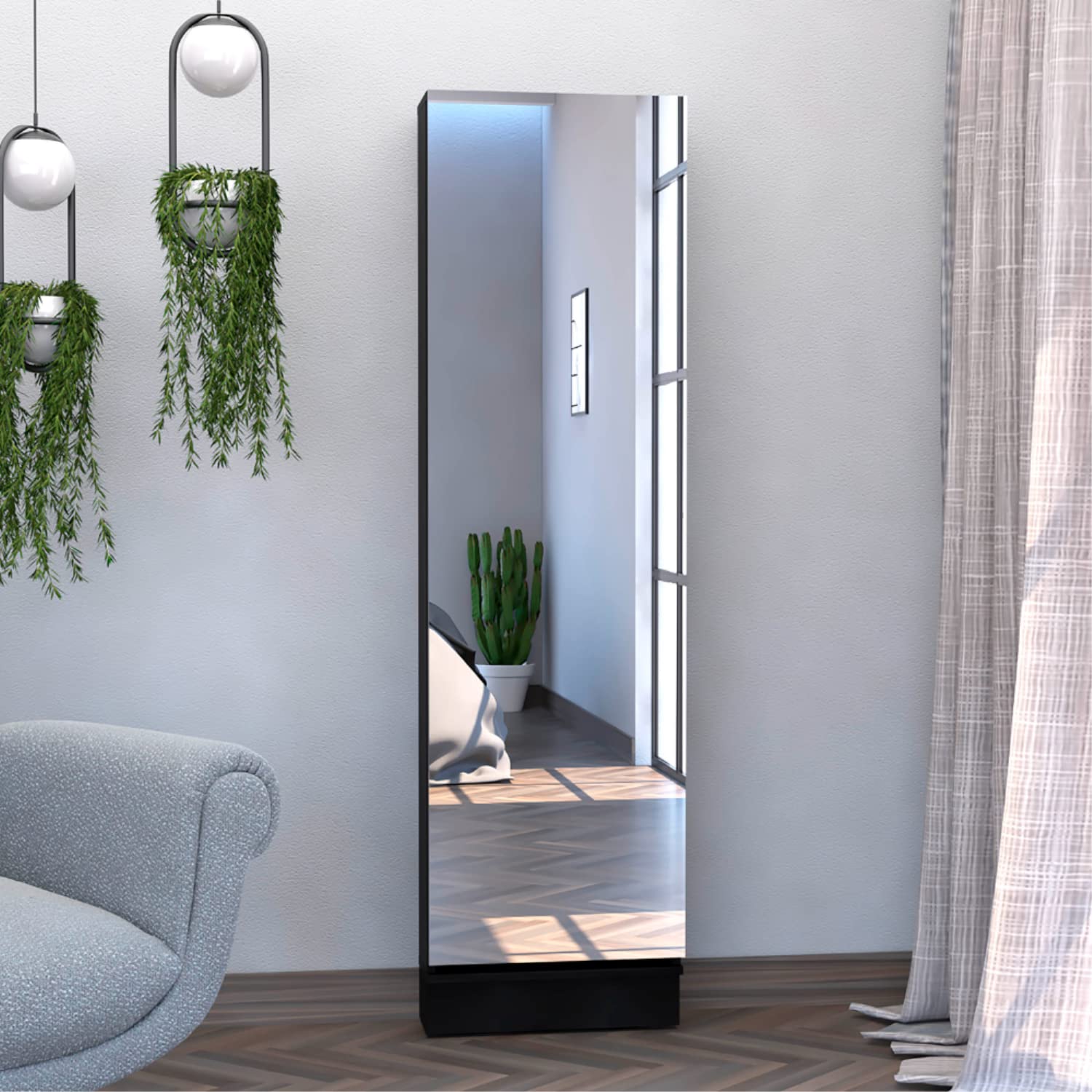 Shoe Rack 67&Quot; H, 5 Internal Storage Shelves, A Mirror, A Door, Approximate Capacity Of 10 Pairs Of Shoes, Black