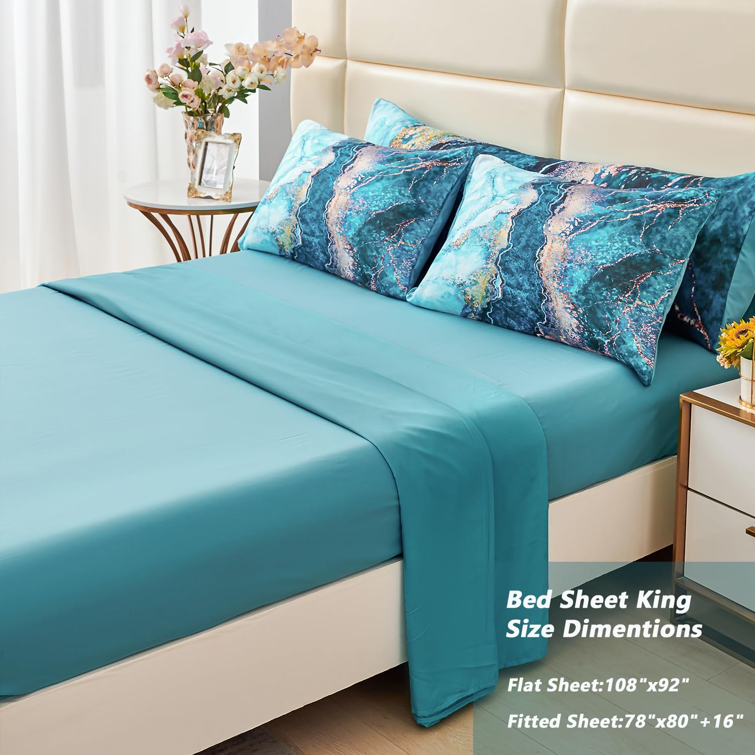 Perfemet 6 Pieces Teal King Size Comforter Set Watercolor Marble Bedding Set For Adult Women Abstract Artwork Colorful Bed In A
