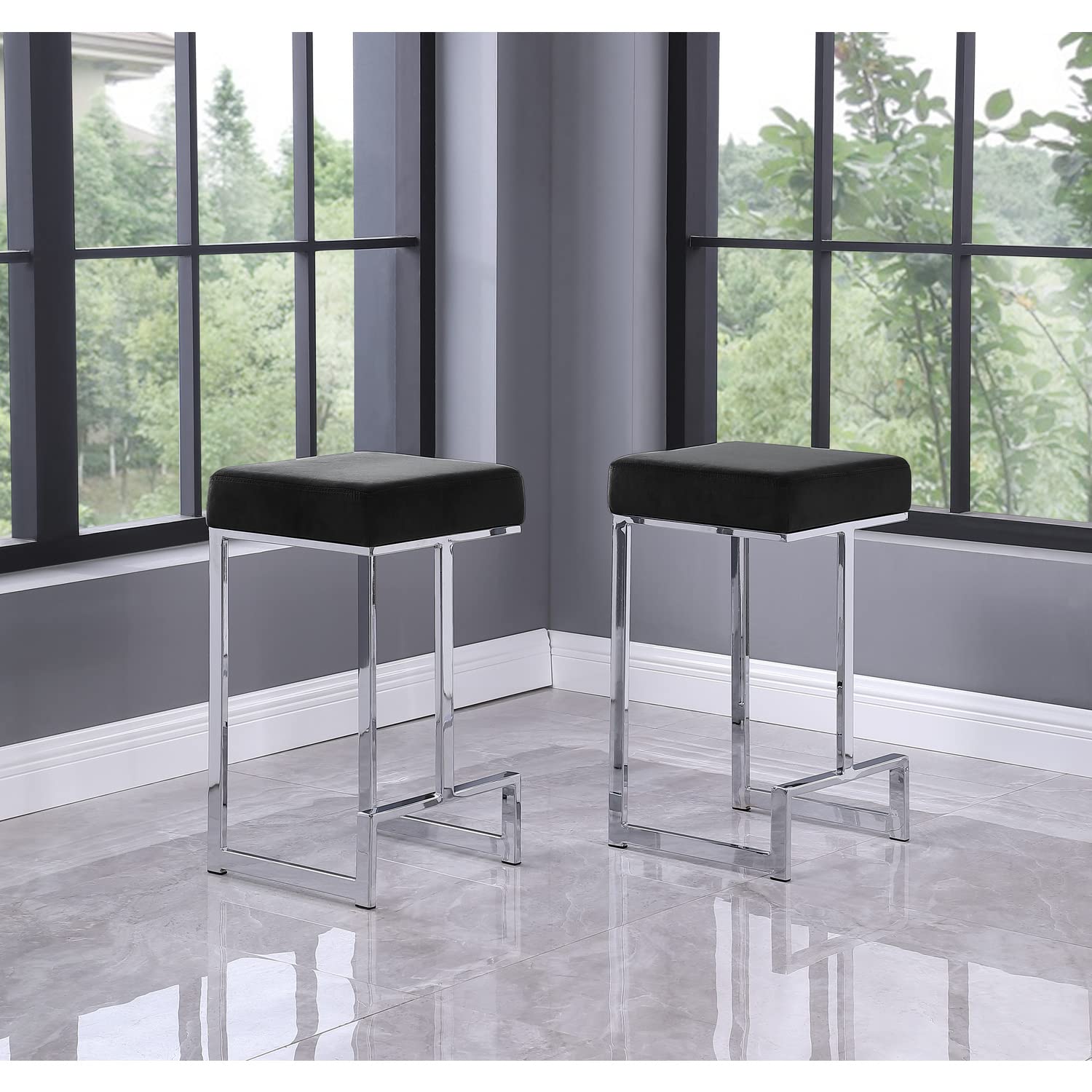 Best Master Furniture Dorrington Velvet Backless Counter Height Stool in Black/Silver (Set of 2)