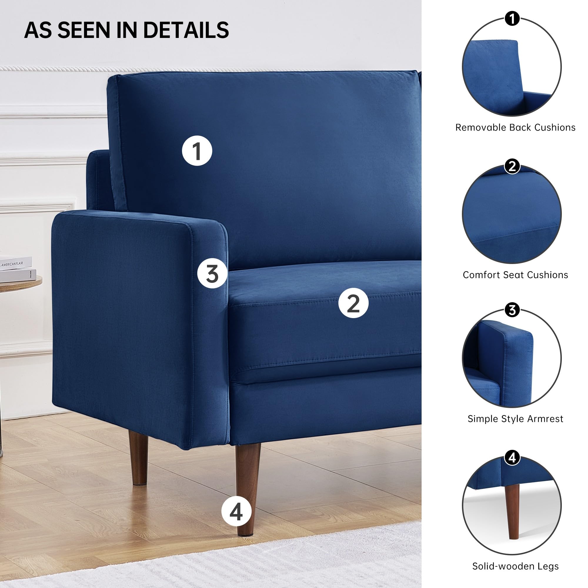 American Furniture Classics Blue 57 Inch Wide Upholstered Two Cushion Loveseat with Square Arms Velvet, 57" x 32" x 37"