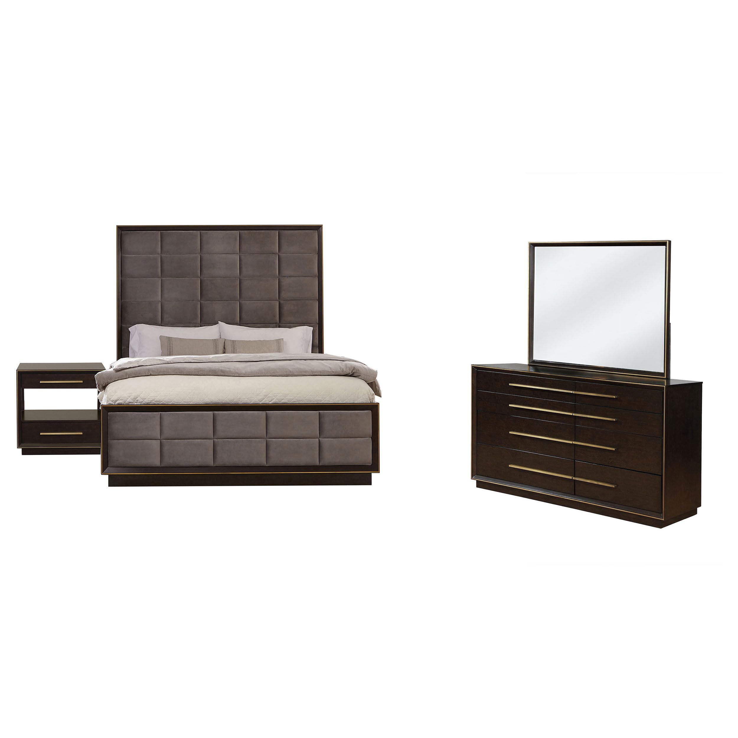 Coaster Home Furnishings Durango Contemporary 4-Piece Bedroom Set Velvet Upholstered Eastern King Size Panel Bed Frame 80-inch Headboard Smoked Peppercorn 223261KE-S4