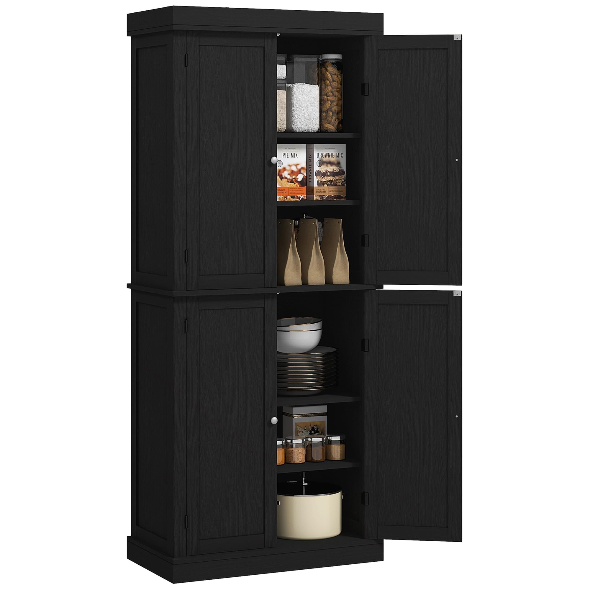 HOMCOM 72.5 Freestanding Kitchen Pantry Cabinet, Tall Storage Cabinet with 4 Doors and 2 Adjustable Shelves for Dining Room, Bla