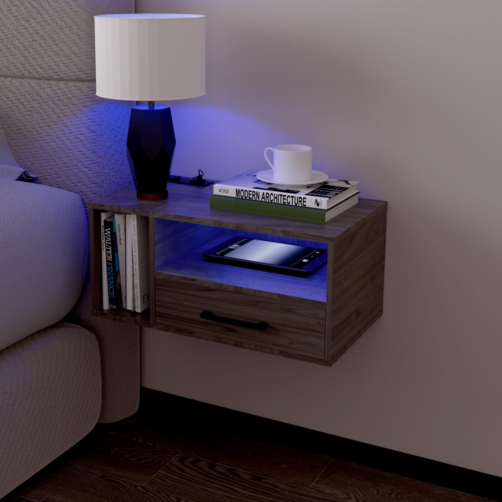 Homaterial Floating Nightstand With Charging Station And Led Lights, Floating Bedside Table With Drawers Wall Mounted Nightstands,For Bedroom Room, 21.3' X 11.8' X 10',Grayish Brown