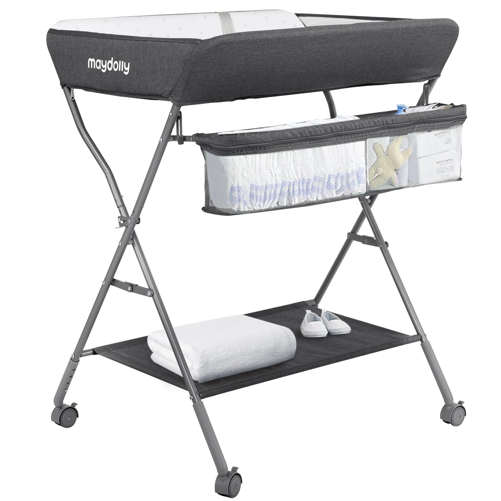 Baby Changing Table with Wheels, Maydolly Portable Adjustable Height Folding Diaper Station with Nursery Organizer & Storage Rac