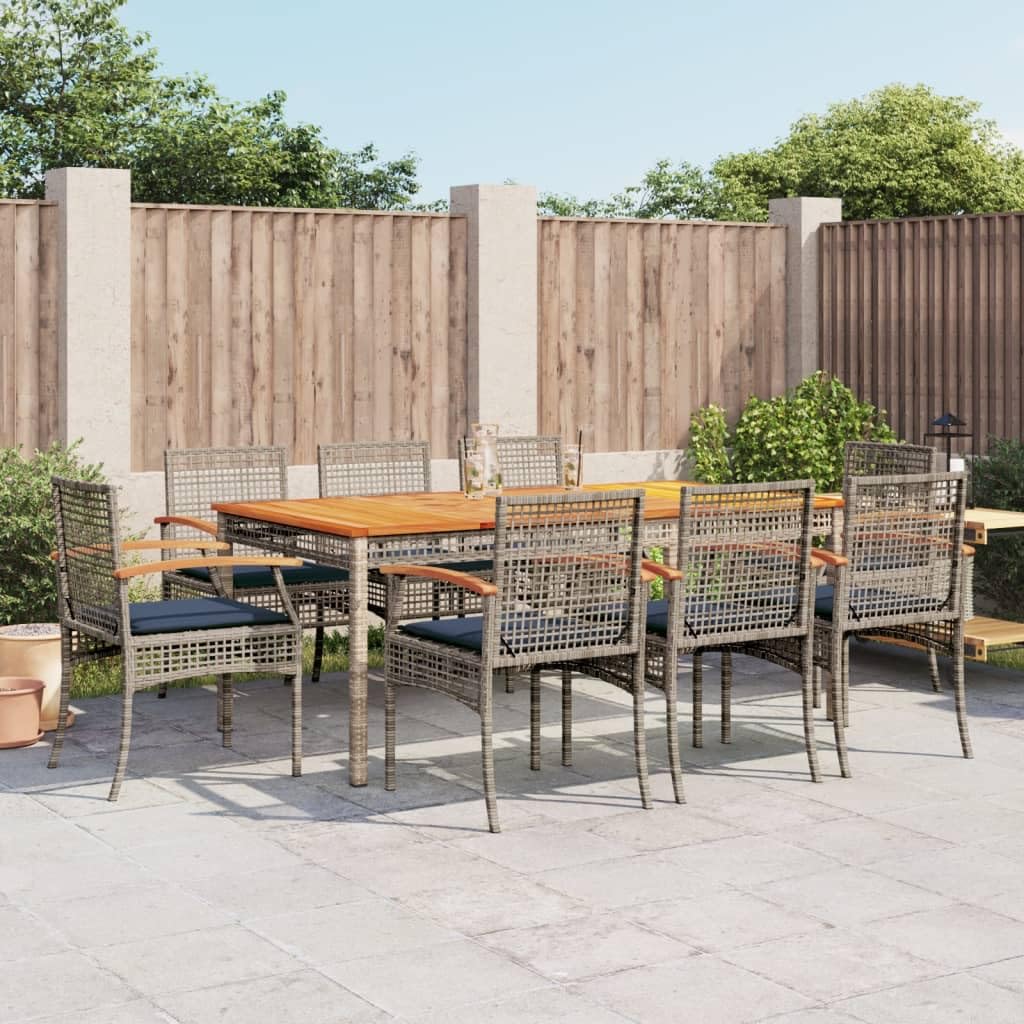 vidaXL Patio Dining Set with Cushions - 9 Piece Outdoor Furniture - Gray Poly Rattan - Acacia Wood Tabletop - 70.9"x35.4"x29.5"