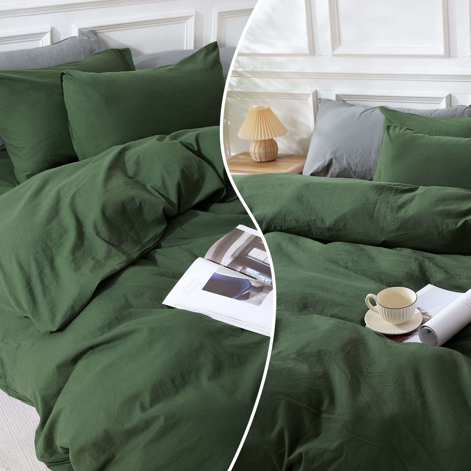 Nexhome Pro Duvet Cover Set California King Linen Look Textured Organic Natural 100% Washed Cotton Duvet Cover 3 Pieces Bedding Set With Zipper Closure, Breathable, Soft, Forest Green (No Comforter)