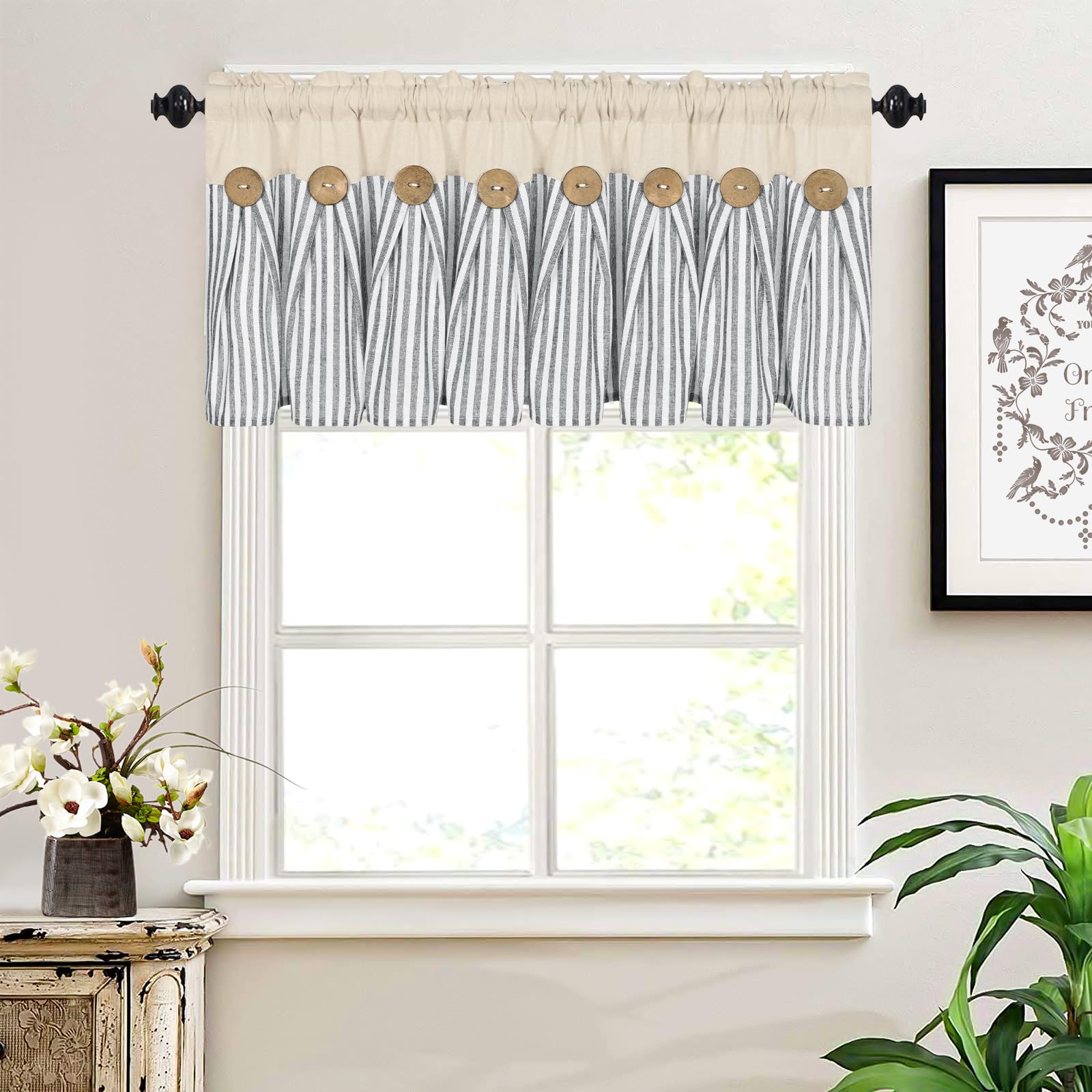 Cotton Linen Farmhouse Kitchen Valance Curtains Boho Rustic Button Valances Natural And Dark Grey Stripe Color Block Window Vala