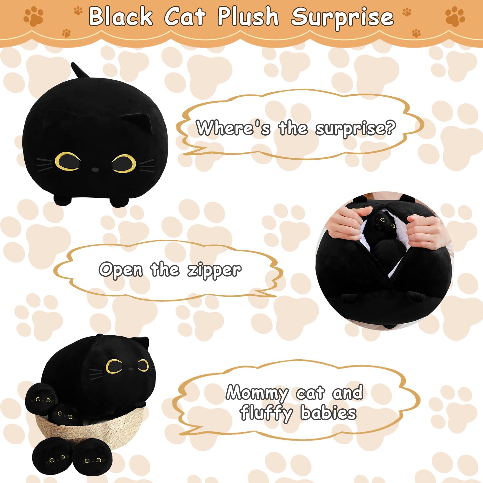 TOYSYM Black Cat Plush Toy with 4 Babies, Soft Cotton Hugging Pillow, Black