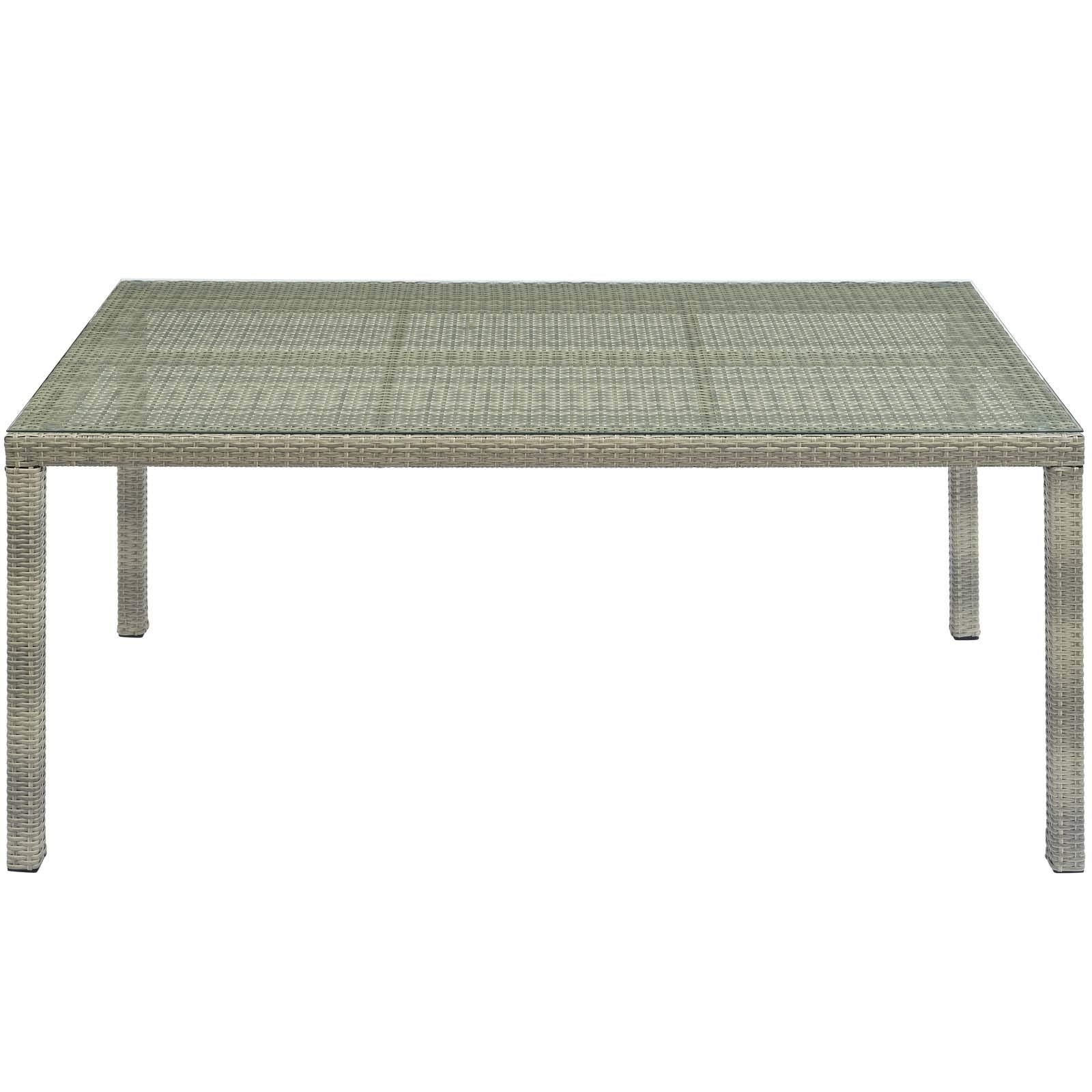 Modway Conduit Wicker Rattan Glass Outdoor Patio 70" Rectangular Dining Table in Light Gray