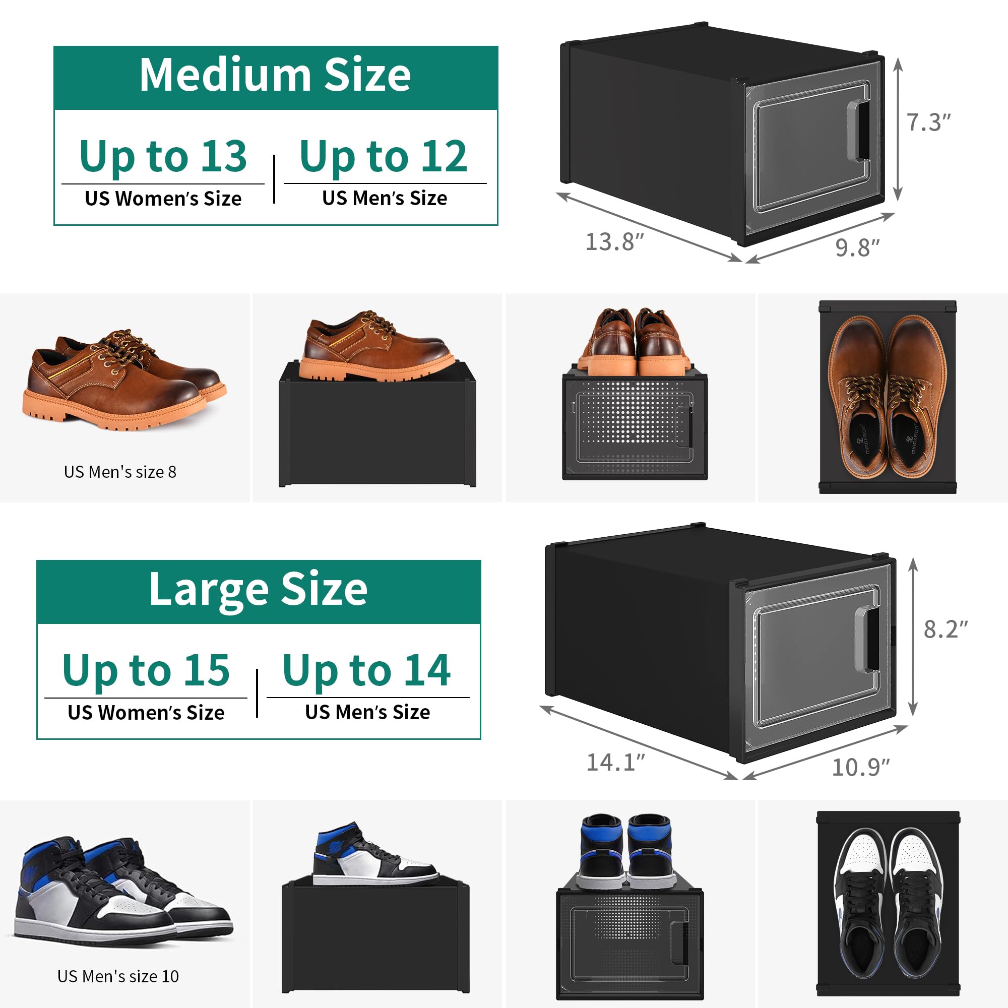 YITAHOME XL Shoe Storage Box Set of 12 - Stackable Organizers, Black, Polypropylene & ABS
