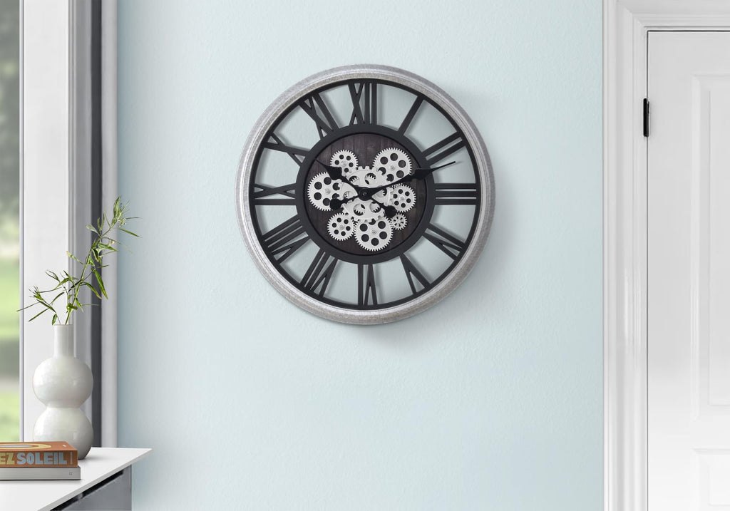 Monarch Specialties I 9058 Clocks, 20' Round, Gear Mechanism, Wall Clock, Black, Silver, Transitional