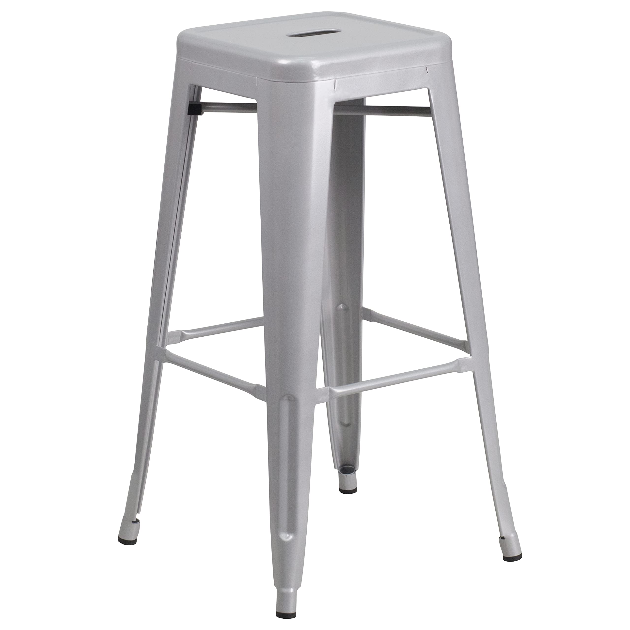 Flash Furniture Commercial Grade 30" Round Silver Metal Indoor-Outdoor Bar Table Set with 4 Square Seat Backless Stools