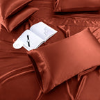 Treely 6 Piece Satin Sheets Queen Size Silky Smooth Orange Rust Satin Sheet Set With Deep Pocket, Satin Fitted Sheet, Flat Sheet