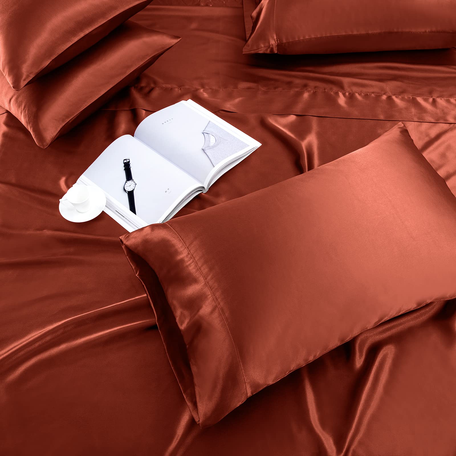 Treely 6 Piece Satin Sheets Queen Size Silky Smooth Orange Rust Satin Sheet Set With Deep Pocket, Satin Fitted Sheet, Flat Sheet