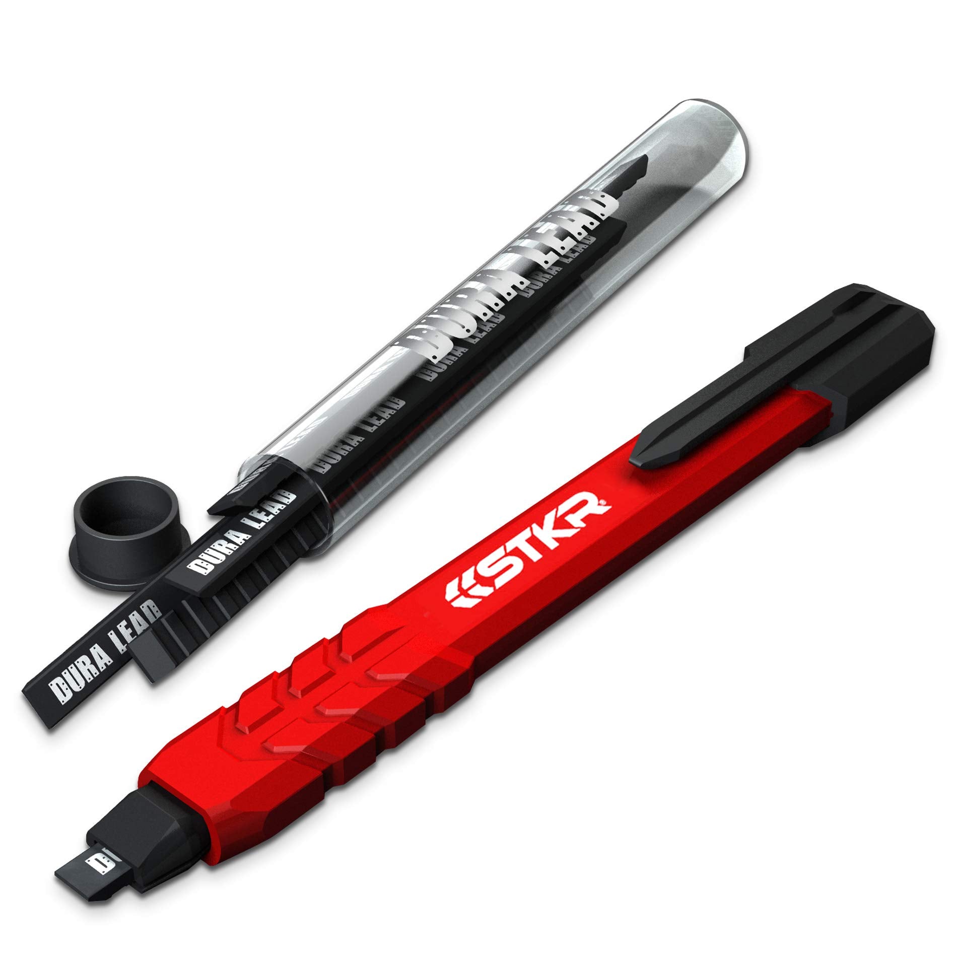STKR Concepts Mechanical Carpenter Pencil, 1 Count, Red, Model 77629, Includes 3 Replacement Leads, Durable ABS Material