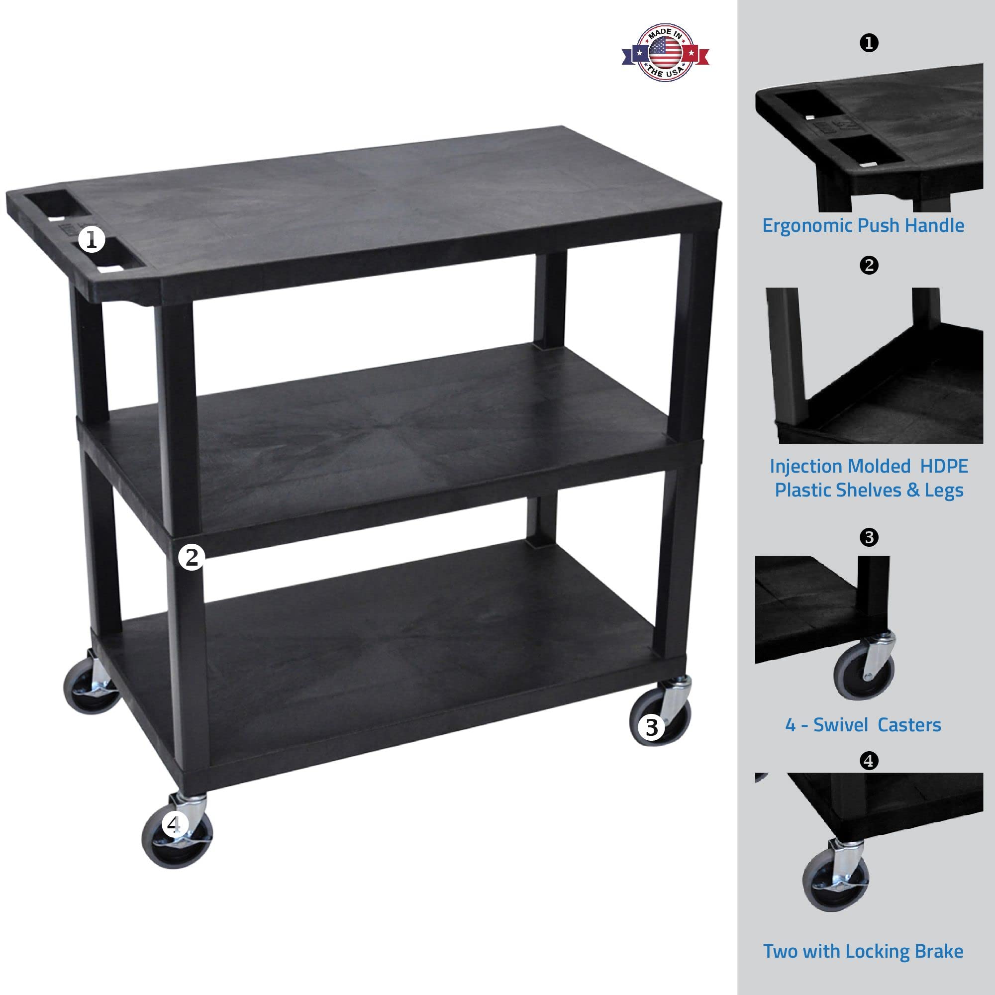 Luxor EC222-B Multipurpose Utility Cart, 1.62" Thick Flat Shelves, Ergonomic Push Handle, 4" Full-swivel Casters, Locking Brake, 400 lbs Max Capacity, Black