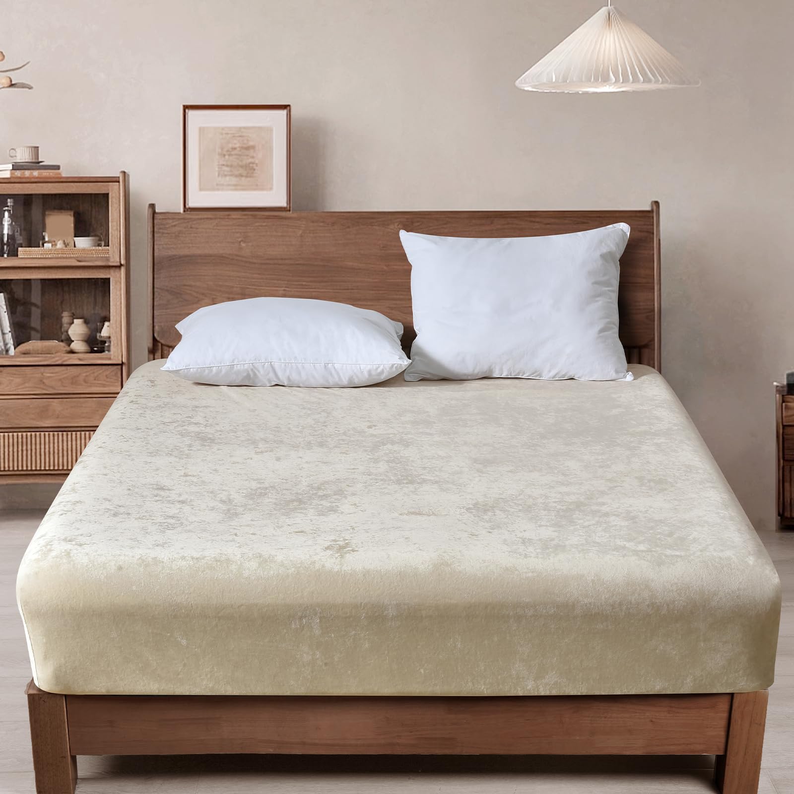 Phf Truly Velvet Fitted Sheet Only King Size, Luxury Super Soft Cozy Comfy Fleece Bottom With 15' Deep Pocket, Suitable For Fall Winter And Spring, No Pillowcases, Sand