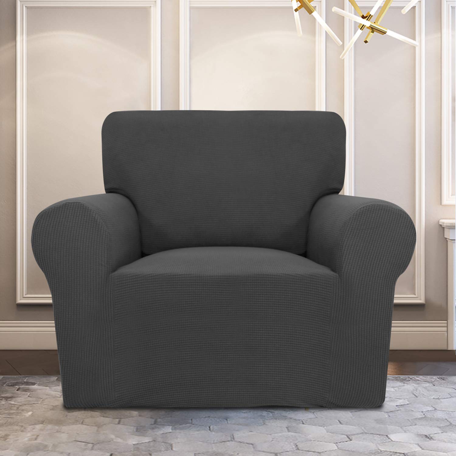 Purefit Stretch Chair Sofa Slipcover – Spandex Jacquard Non Slip Soft Couch Sofa Cover, Washable Furniture Protector With Non Skid Foam And Elastic Bottom For Kids (Chair, Dark Gray)