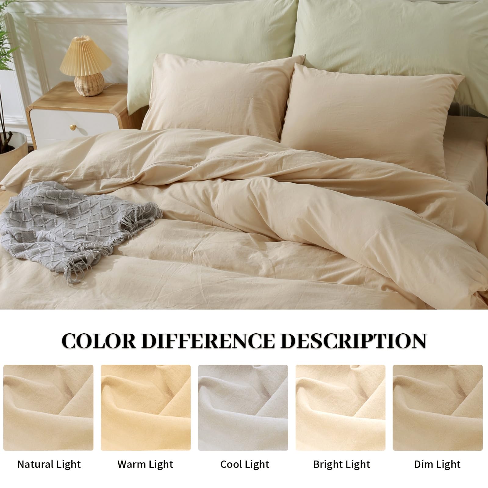 Nexhome Pro Cotton Duvet Cover Oversized Queen 92'X98' Linen Look Textured Organic Natural 100% Washed Cotton Duvet Cover 3 Pieces Bedding Set Beige Zipper Closure, Breathable (No Comforter)