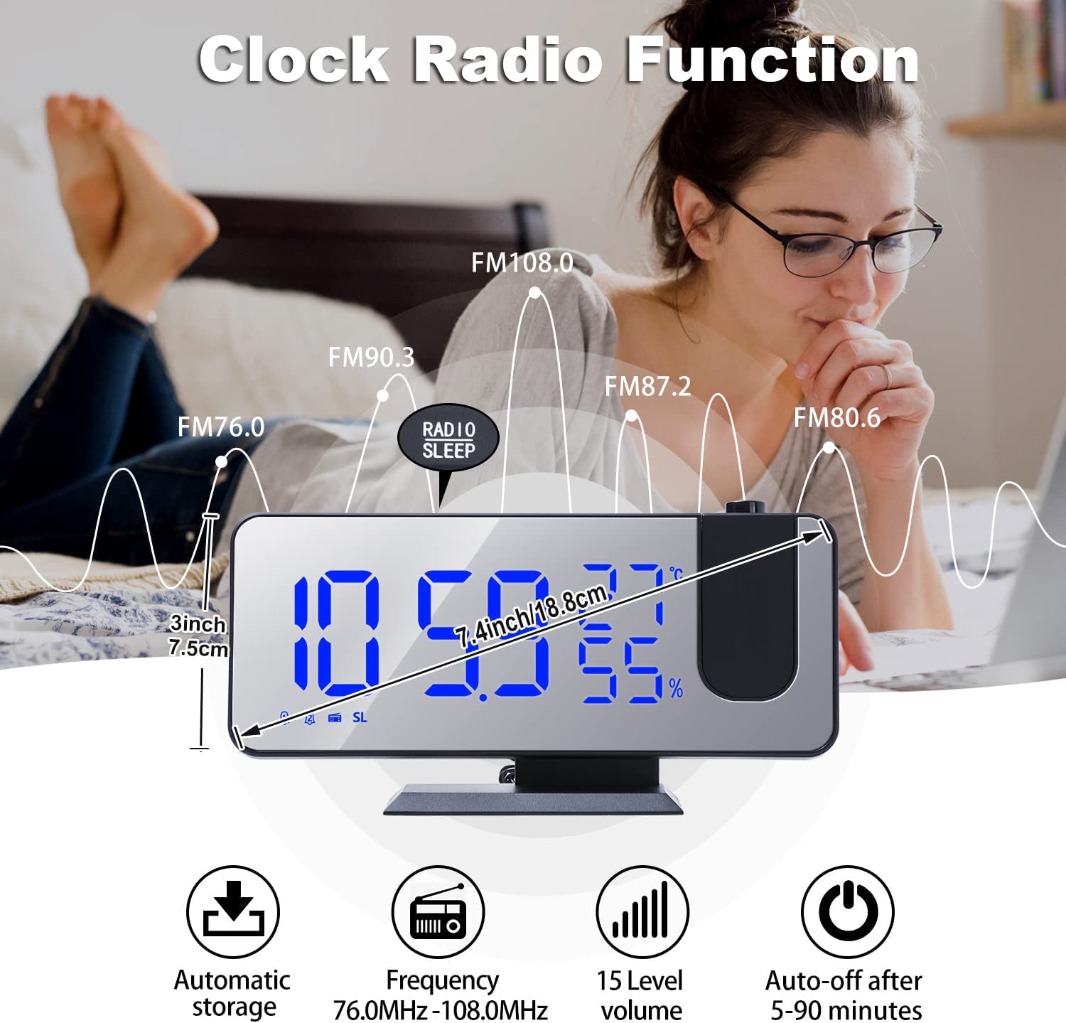 Hanaix AC-03 Projection Digital Alarm Clock with USB Charger, Black-Blue