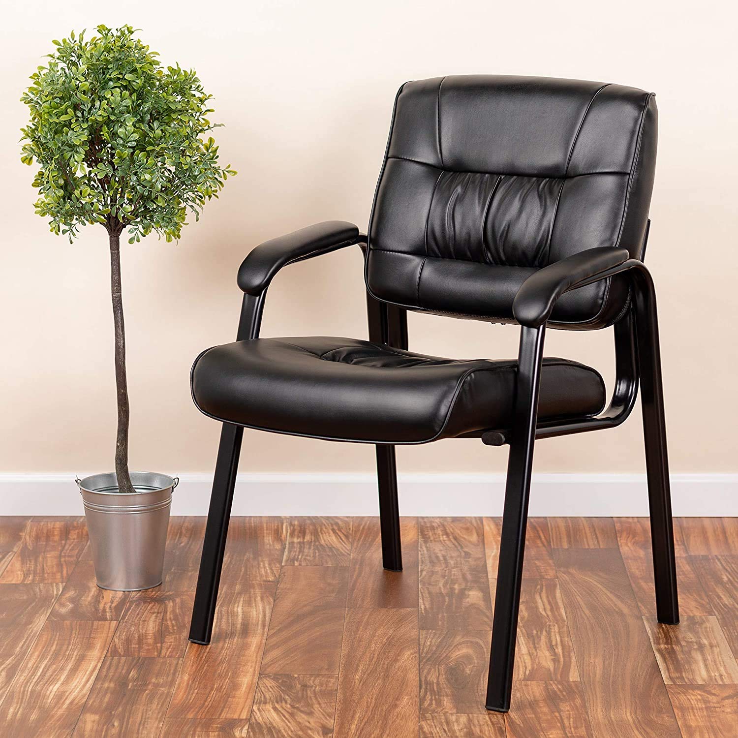 Flash Furniture Haeger LeatherSoft Tufted Executive Reception Chair with Padded Armrests, Upholstered Side Chair for Living Room or Office, Black
