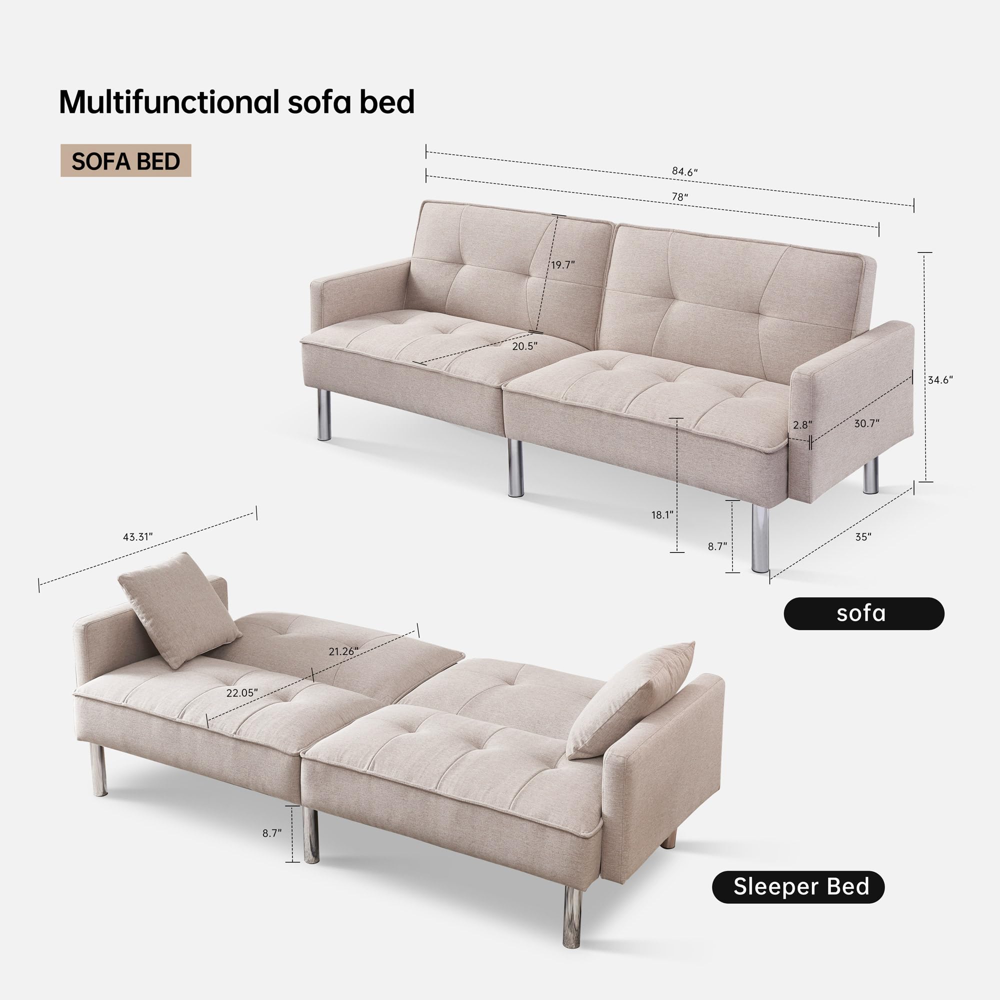 American Furniture Classics Beige Tufted Futon Convertible Sofa Sleeper with Two Throw Pillows Velvet, 85" x 35" x 35"