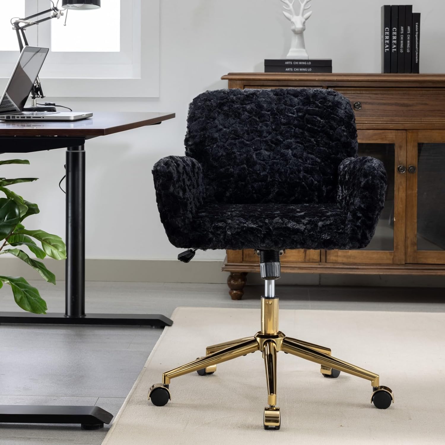 Black Faux Fur Home Office Chair,Upholstered Elegant Desk Chair Makeup Vanity Chair For Girls,Swivel Desk Chair With Gold Base,H