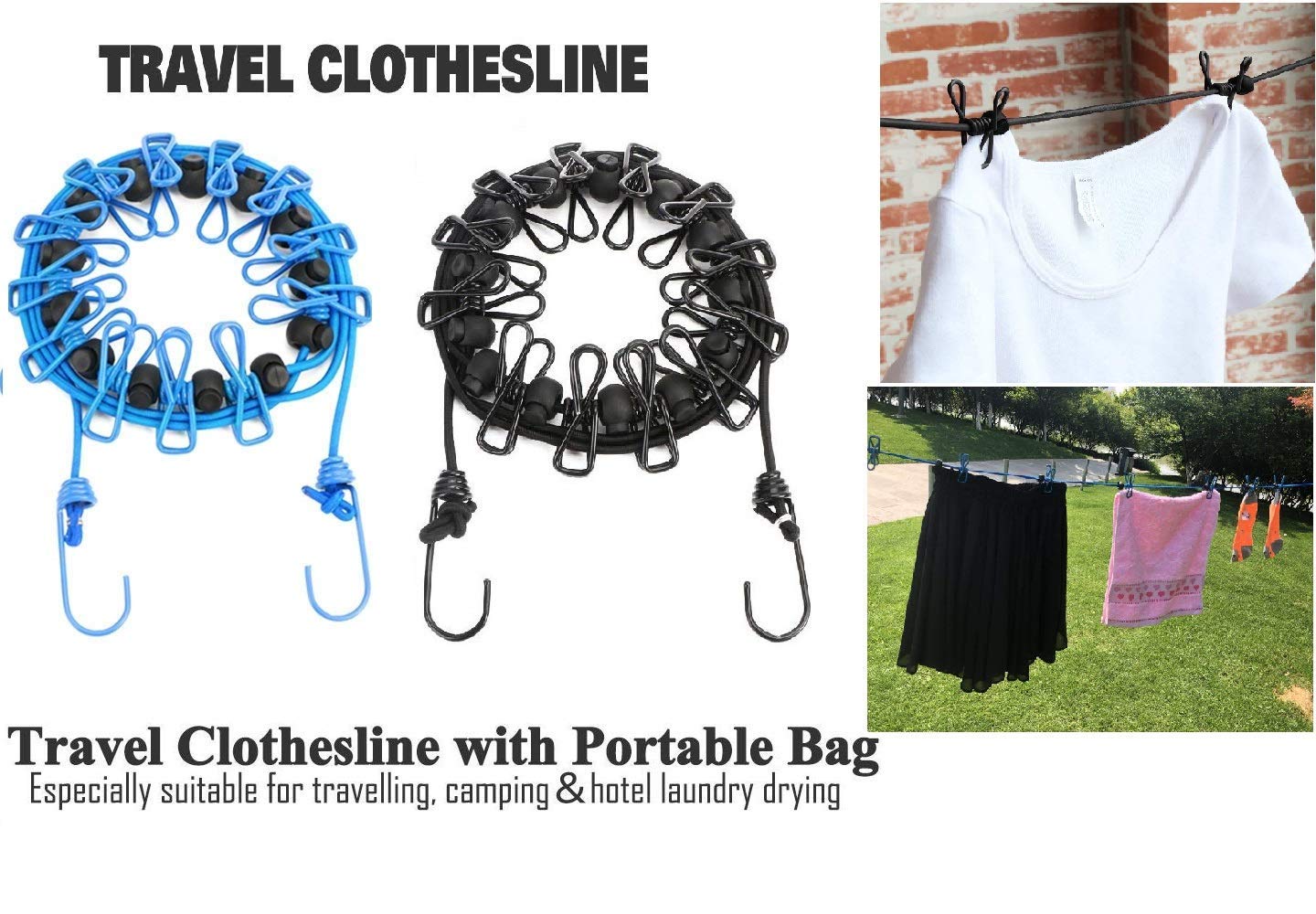 Newraturner Portable Clothesline 2 Pack with 12 Clothespins, Windproof Retractable Elastic Laundry Line, Blue/Black for Travel & Home