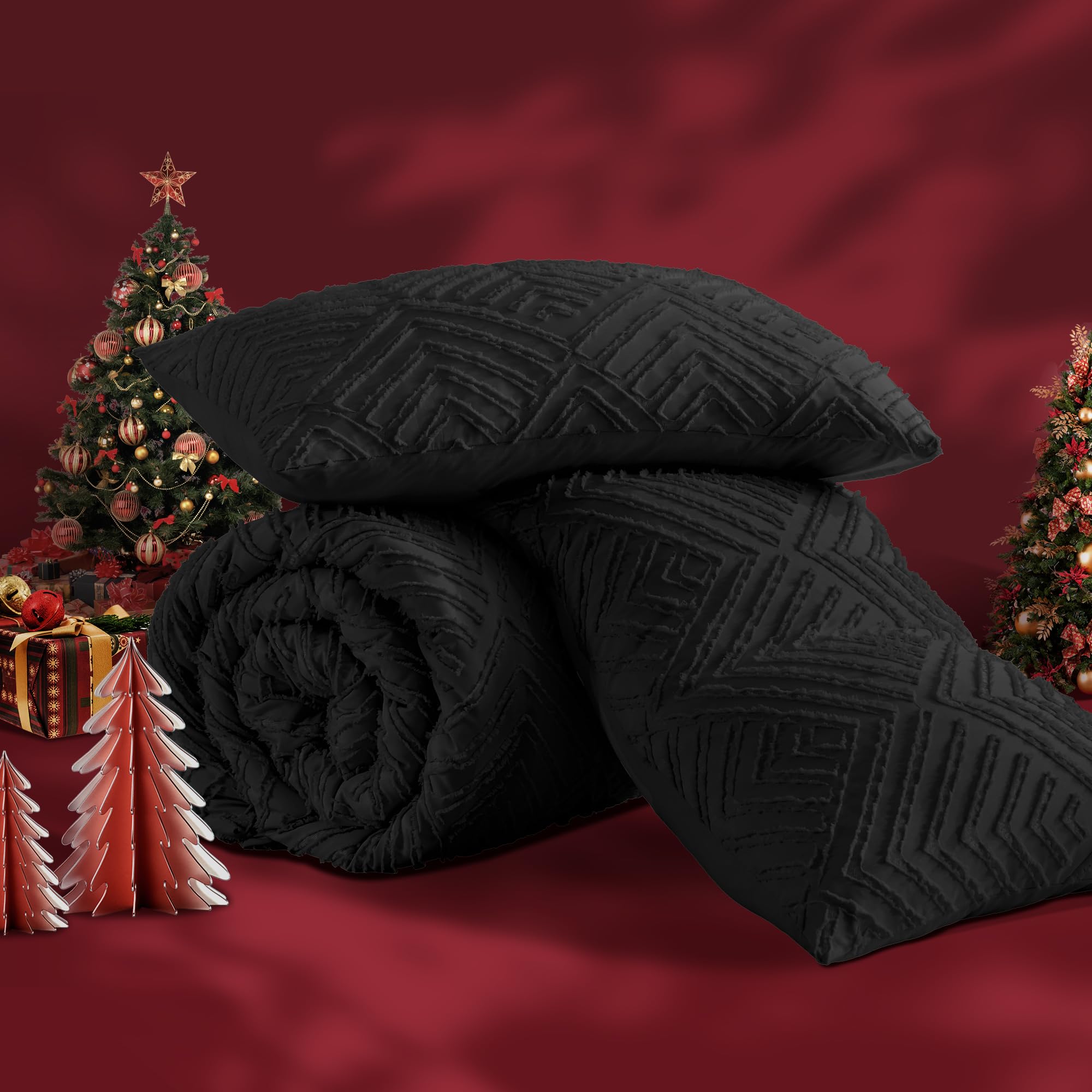 Andency Black Comforter Set Queen, Lightweight Fluffy Bedding Comforter Sets For Queen Bed, 3 Pieces Tufted Farmhouse Shabby Chic Bed Set For All Seasons (1 Comforter 90X90In, 2 Pillowcases)