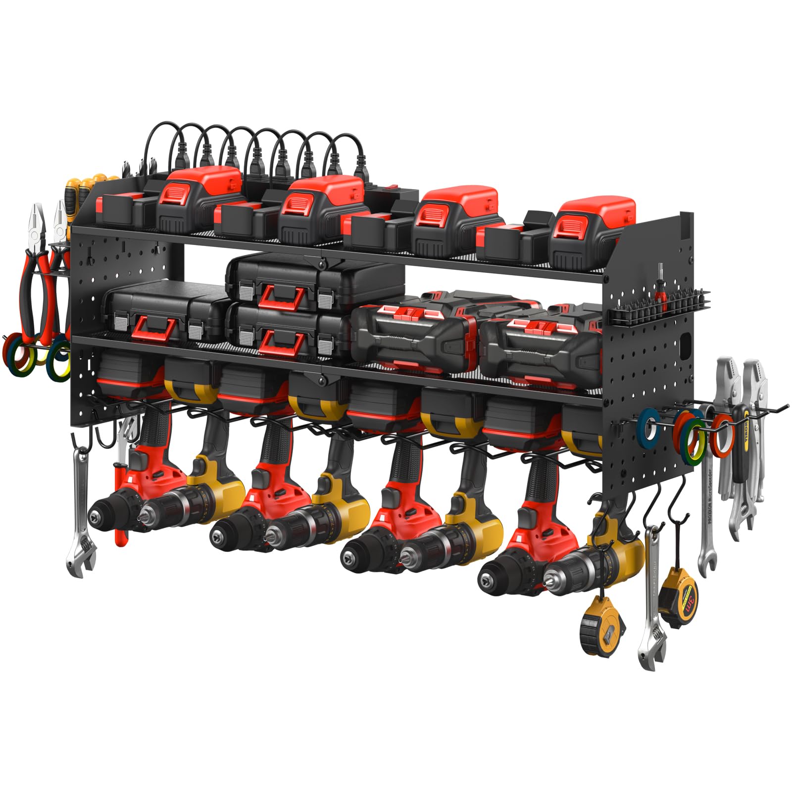 Junnuj Large Pegboard Power Tool Organizer With Charging Station, 8 Drills Driver And Tools Battery Holder Wall Mount With 8 Outlet Power Strip, Black 3-Layer Shop Garage Storage Utility Rack