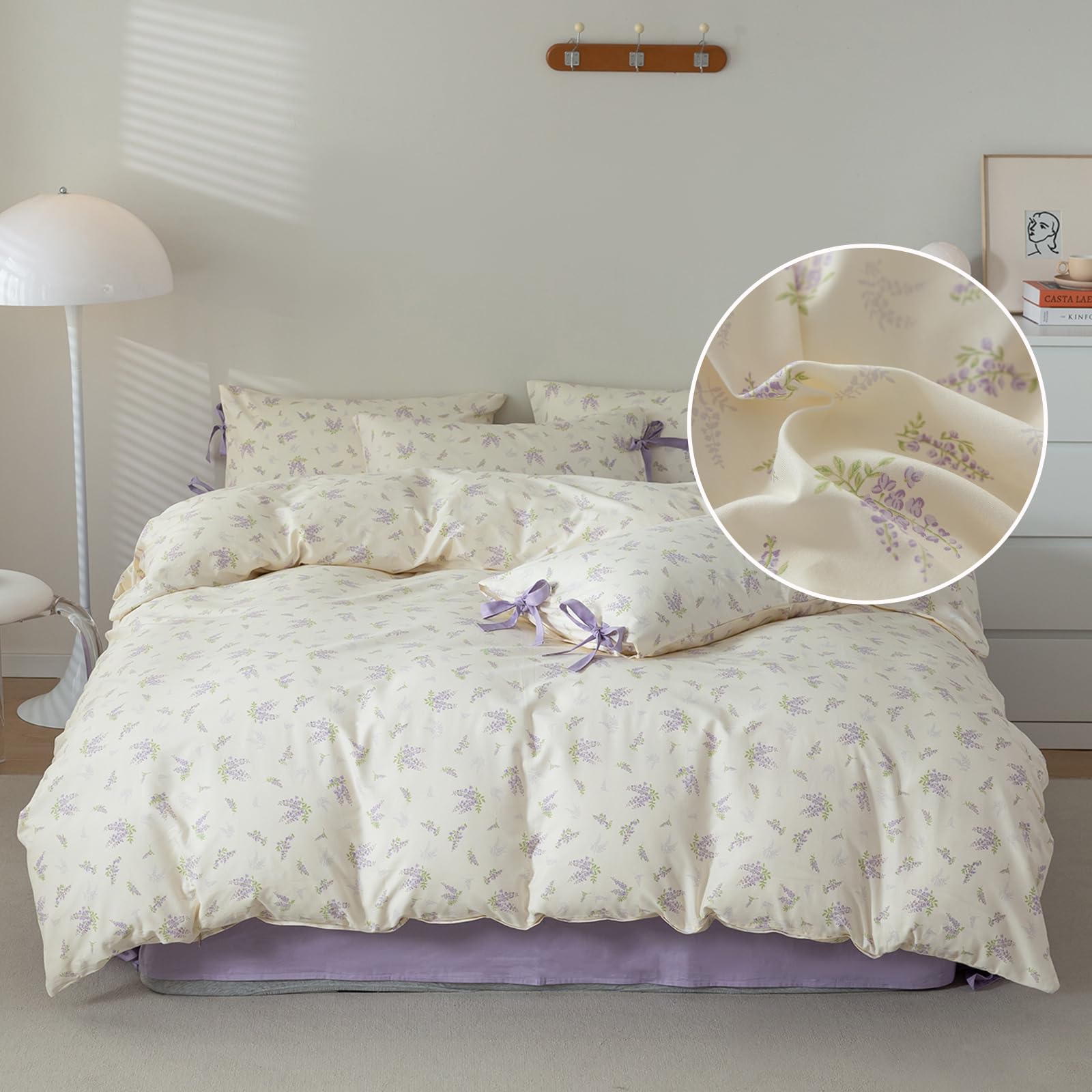 Purple Floral Duvet Cover Queen 3 Piece Cotton Flower Botanical Duvet Cover Vintage Style Lilac Floral Comforter Cover Girls Cot