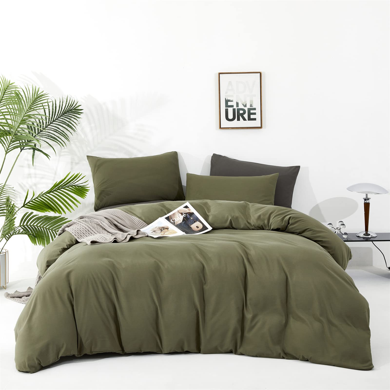 KAREVER Olive Green Comforter Full Size Solid Green Comforter 3 PCs Soft Dark Green Full Size Comforter Bedding Set for All Seas