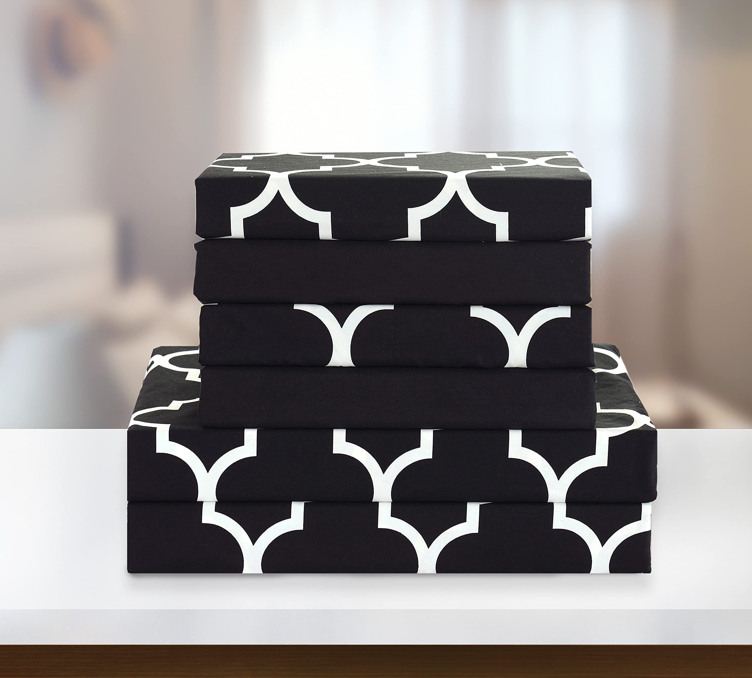 Elegant Comfort 6-Piece Moroccan Trellis Print Sheet Set, Super Cozy, Fade And Wrinkle Resistant, 1500 Premium Hotel Quality Microfiber, Deep Pocket Fitted Sheet With Smart Pockets, King, Black