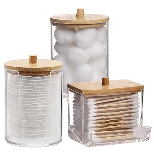Tbestmax Bathroom Organizer Set - 3 Pcs Apothecary Jars with Brown Wood Lids for Cotton Balls & Qtips, Beige Wood Finish