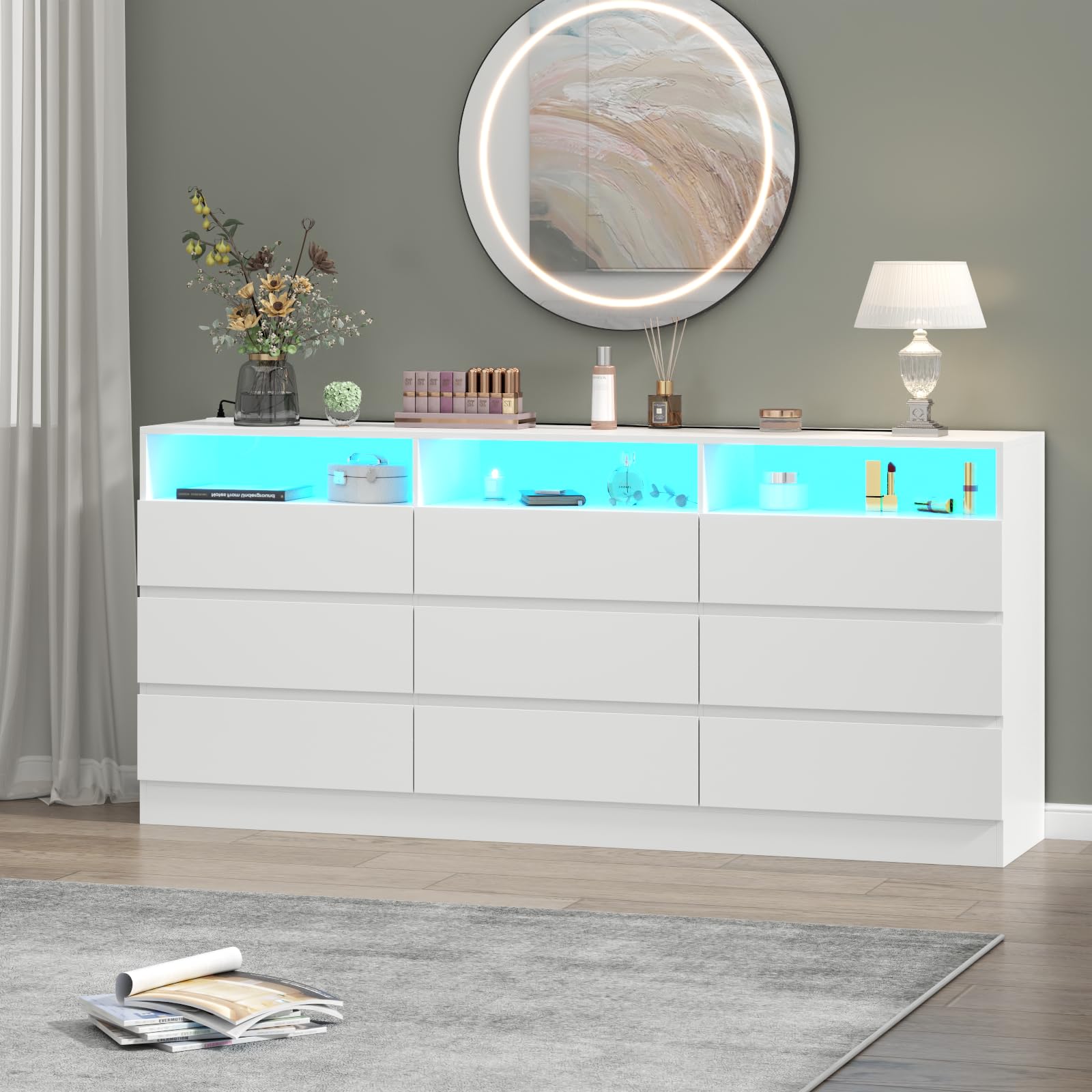 Gyfimoie 9 Drawer Double Dresser With Power Outlet, Accent Chests Of Drawers With Led Light, Modern White Storage Dresser With C