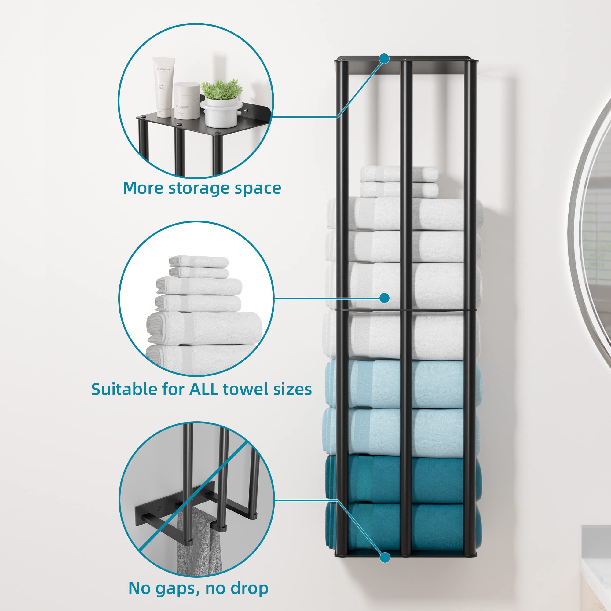 Susswiff Towel Racks For Bathroom, Towel Storage Wall Mounted, Rolled Or Folded Towel Holder With 3 Bars, Sturdy And Large Capac