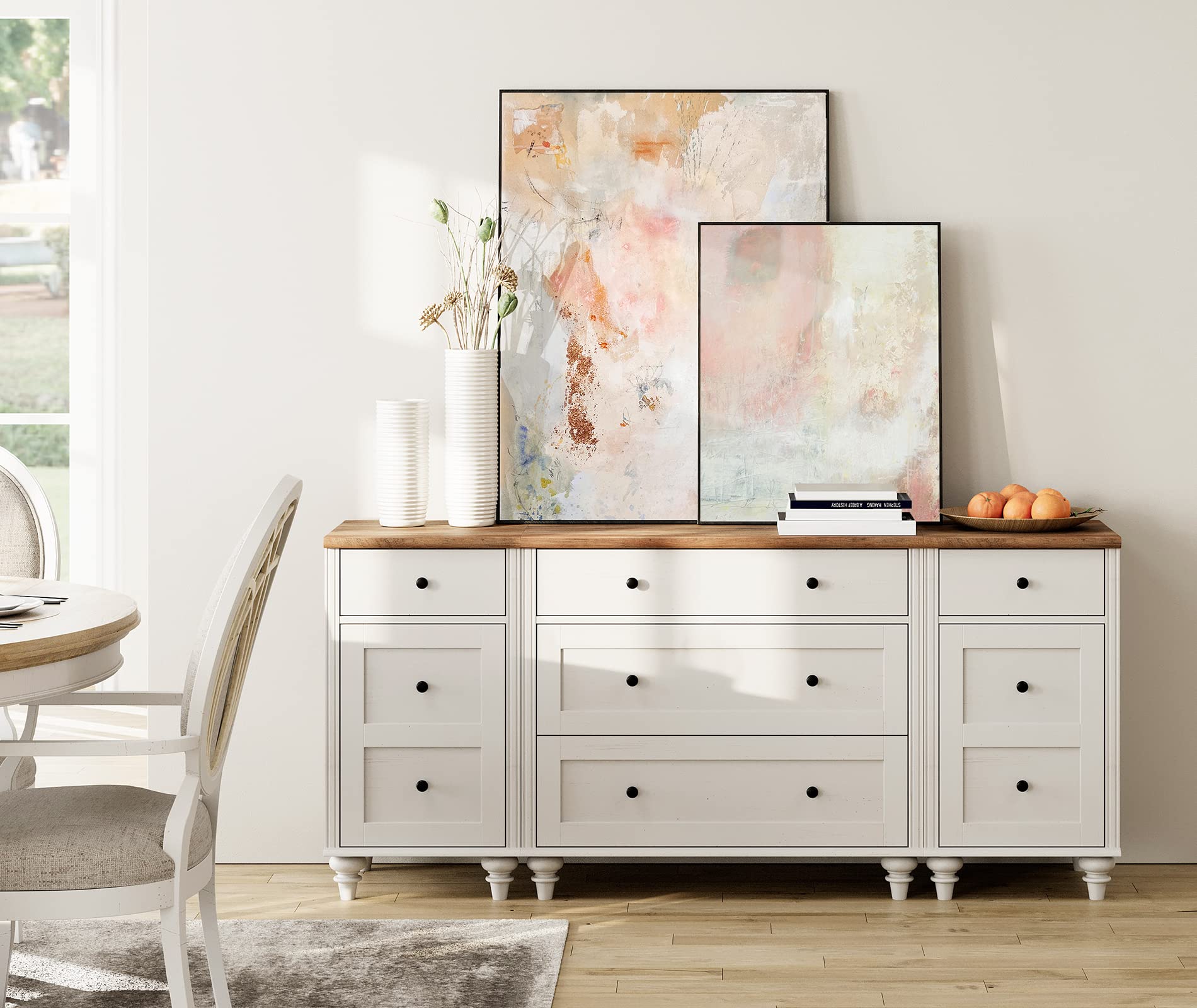 Wampat White Dresser For Bedroom With 5 Drawers And 2 Storage Cabinet, Mid Century Modern Kids Dressers With Wide Chest Of Drawers For Nursery, Nightstands With Charging Station For Living Room
