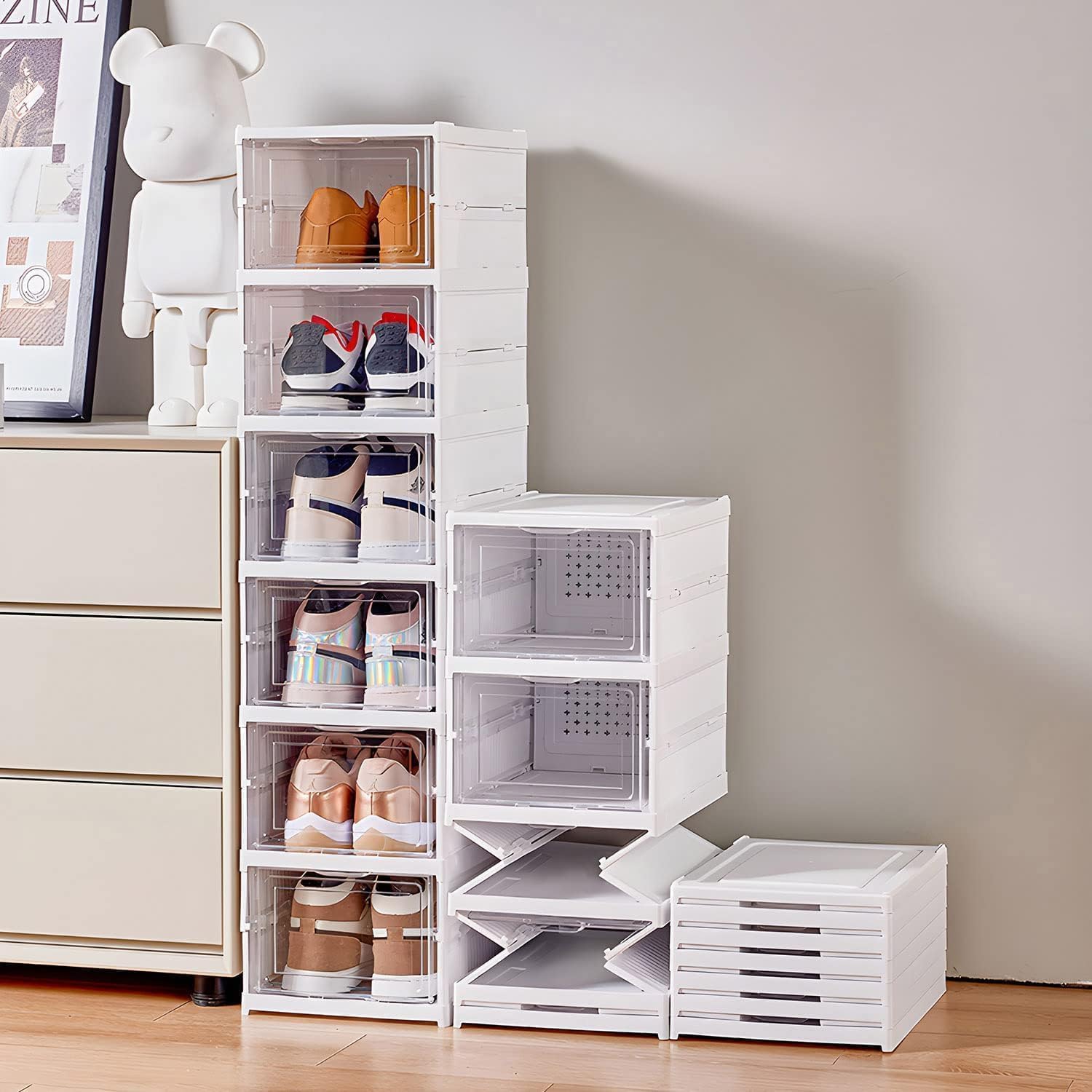 GUDEMAY Drop Front Shoe Storage Box, No Assembly Stackable Shoe Organizer Storage Bin with Clear Door, Free Standing Shoe Shelf 