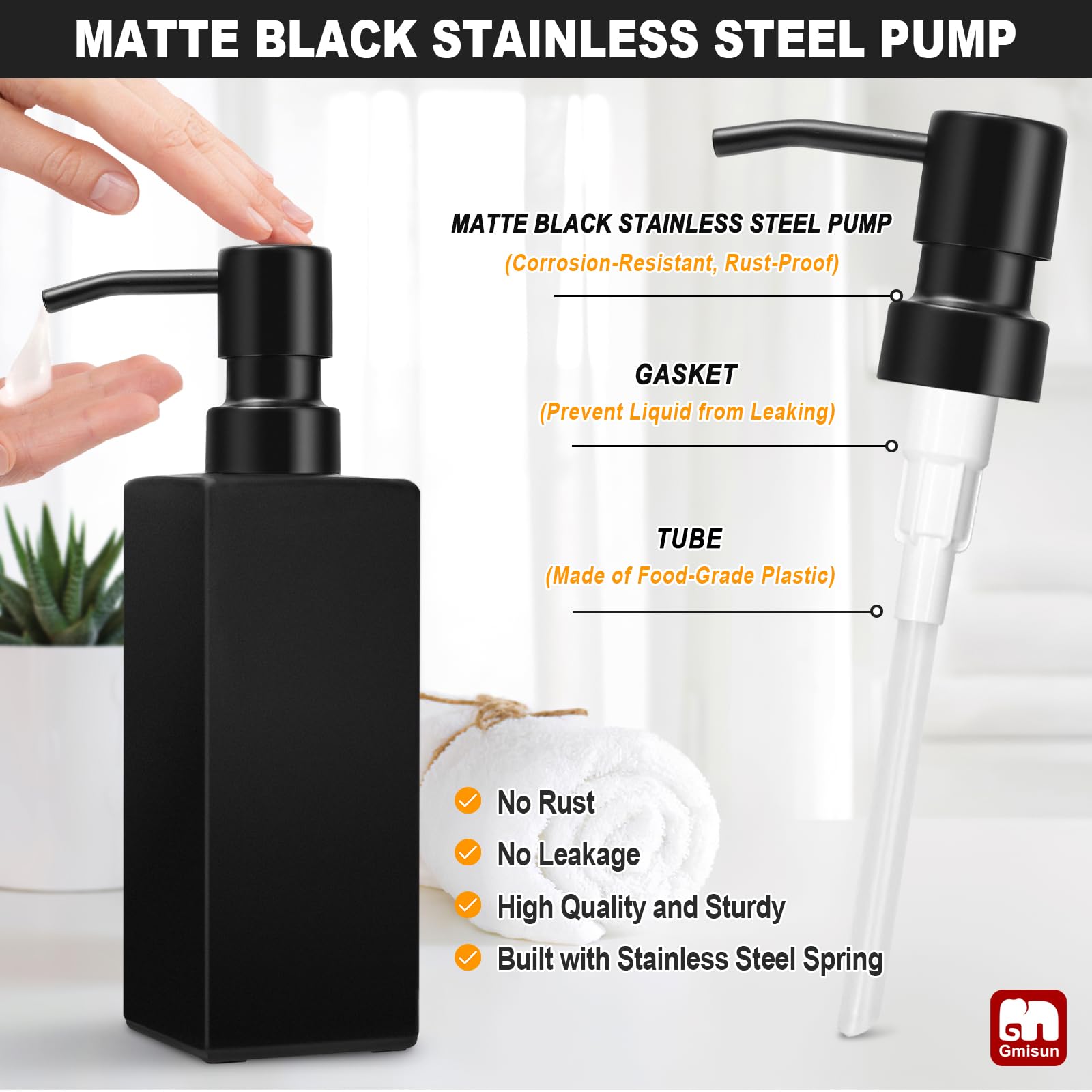 GM GMISUN Black Soap Dispenser Set - 12oz Glass with Stainless Steel Pump, Modern 2 Pack for Kitchen & Bathroom