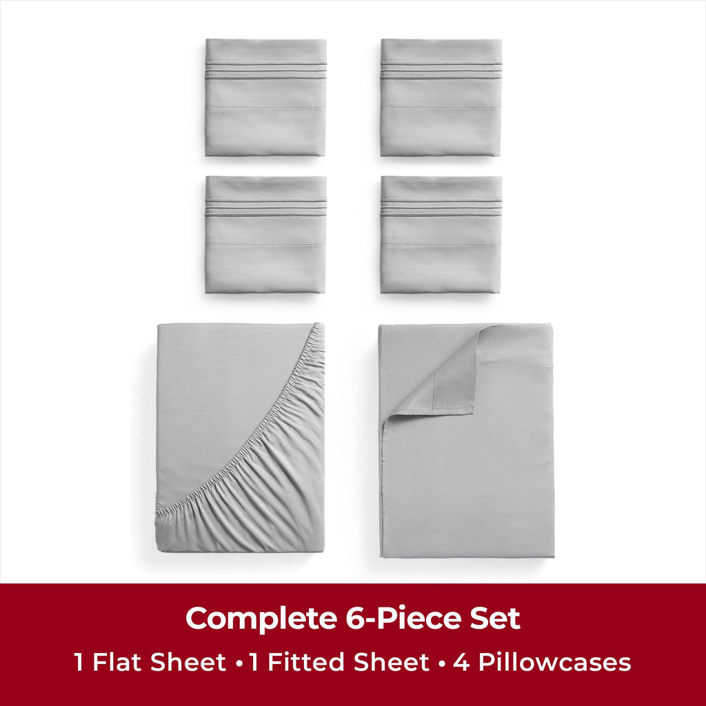 Mellanni Queen Sheet Set - 6-Piece Iconic Collection Bedding, (Including 4 Pillowcases), 16-Inch Deep Pocket, Easy Care, Extra Soft, Cooling Sheets, Brushed Microfiber - Light Gray