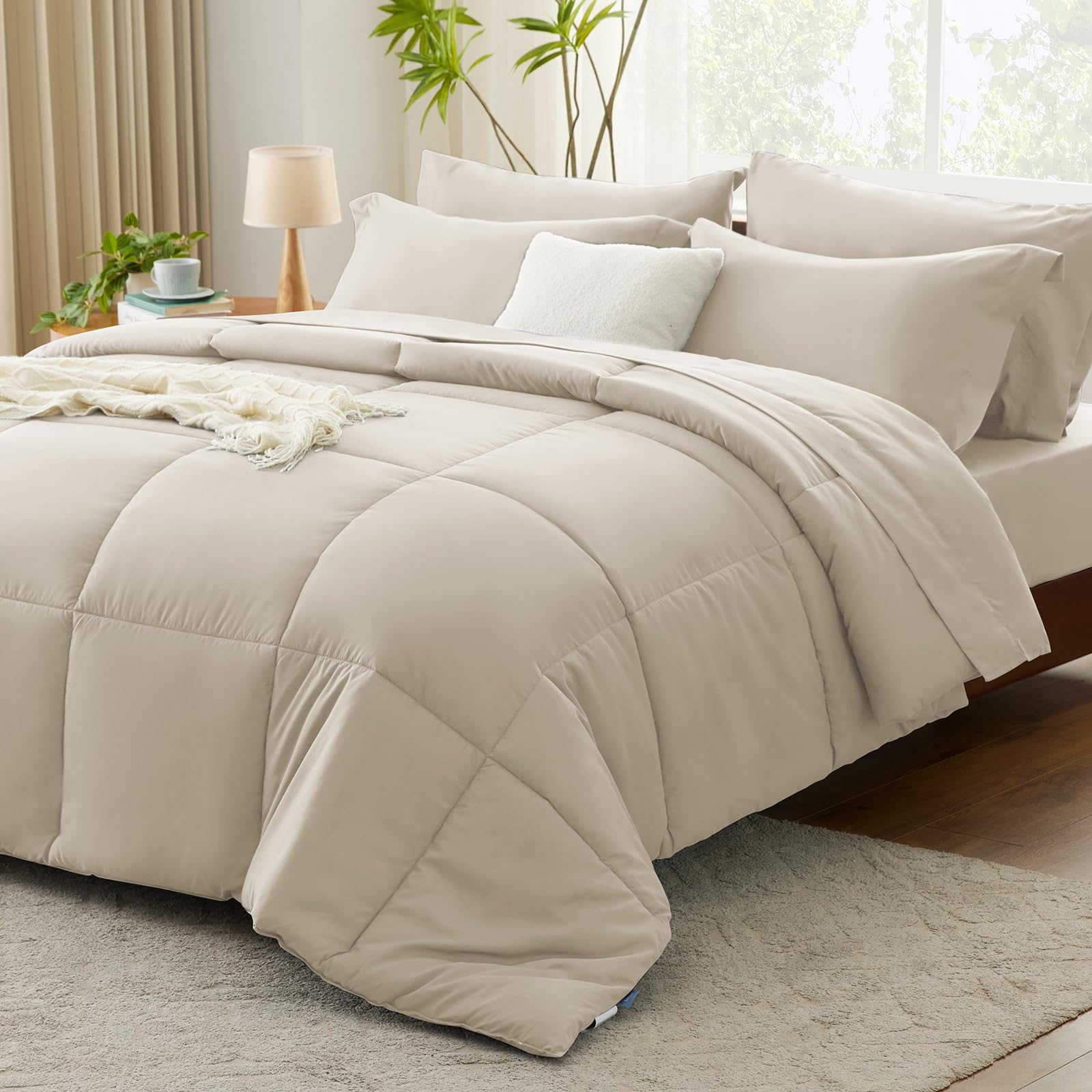 Cozylux Beige Comforter Set Full 7 Pieces Beige Bedding Set Cream Off White Bed In A Bag Set Full Box Stitch Bedding Sets With All Season Comforter, Flat Sheet, Fitted Sheet And Pillowcases & Shams
