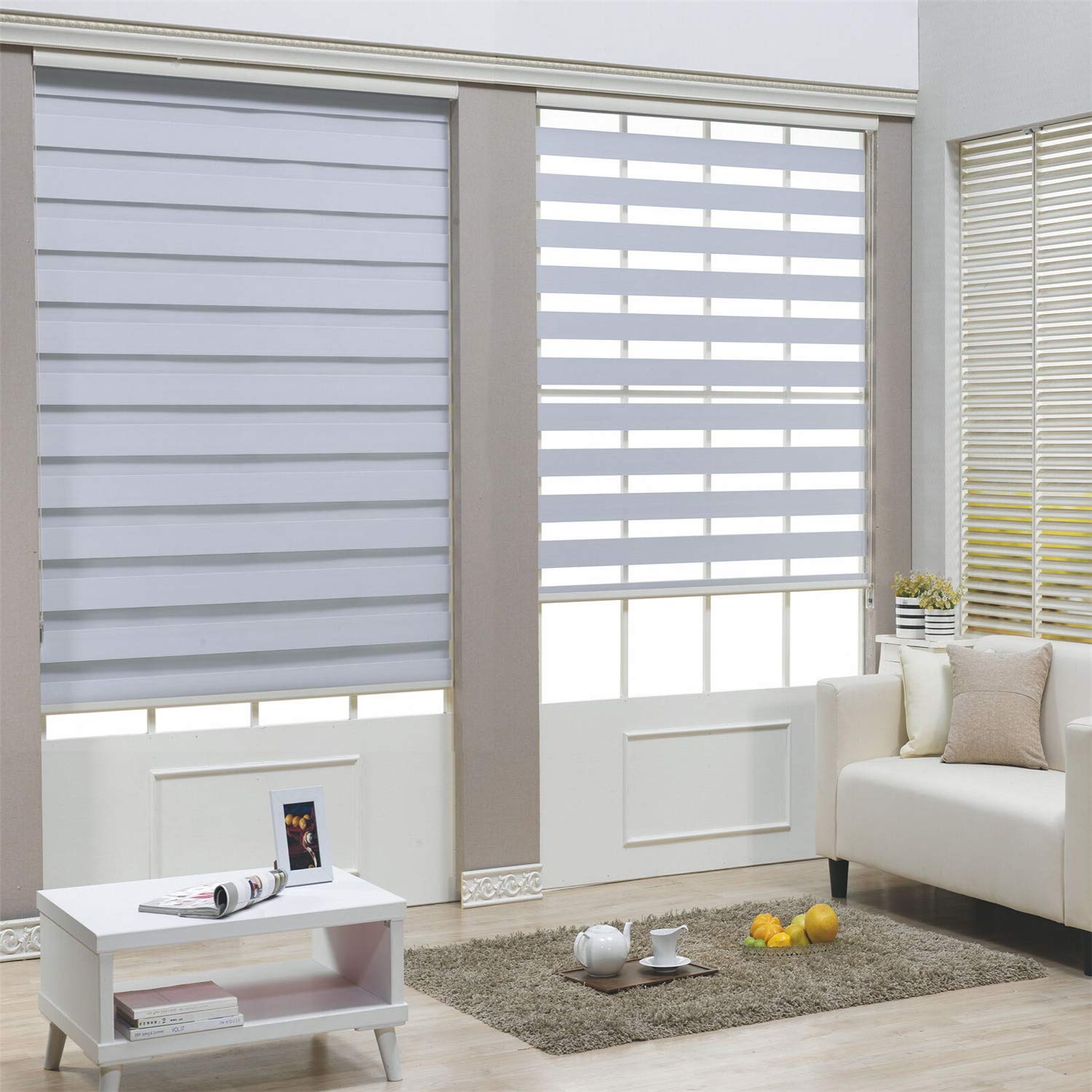 HTTMT- Zebra Roller Blinds [(W) 60 x (H) 72] White, Cordless, Dual Layer Shades, Sheer or Privacy Light Control, Day and Night W