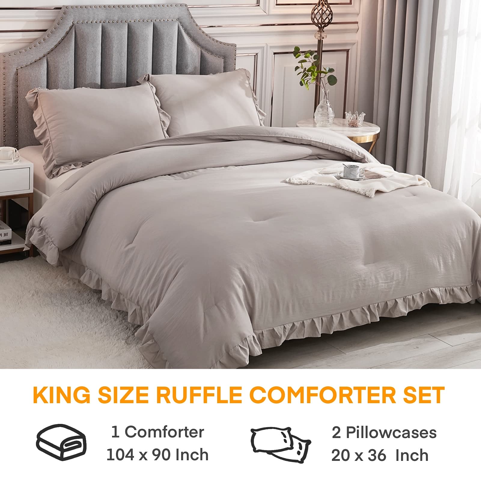 Andency Wheat Ruffled Comforter King(104X90Inch), 3 Pieces(1 Ruffle Comforter And 2 Pillowcases) Vintage Ruffle Fringe Comforter, Farmhouse Rustic Microfiber Down Alternative Bedding Comforter Set