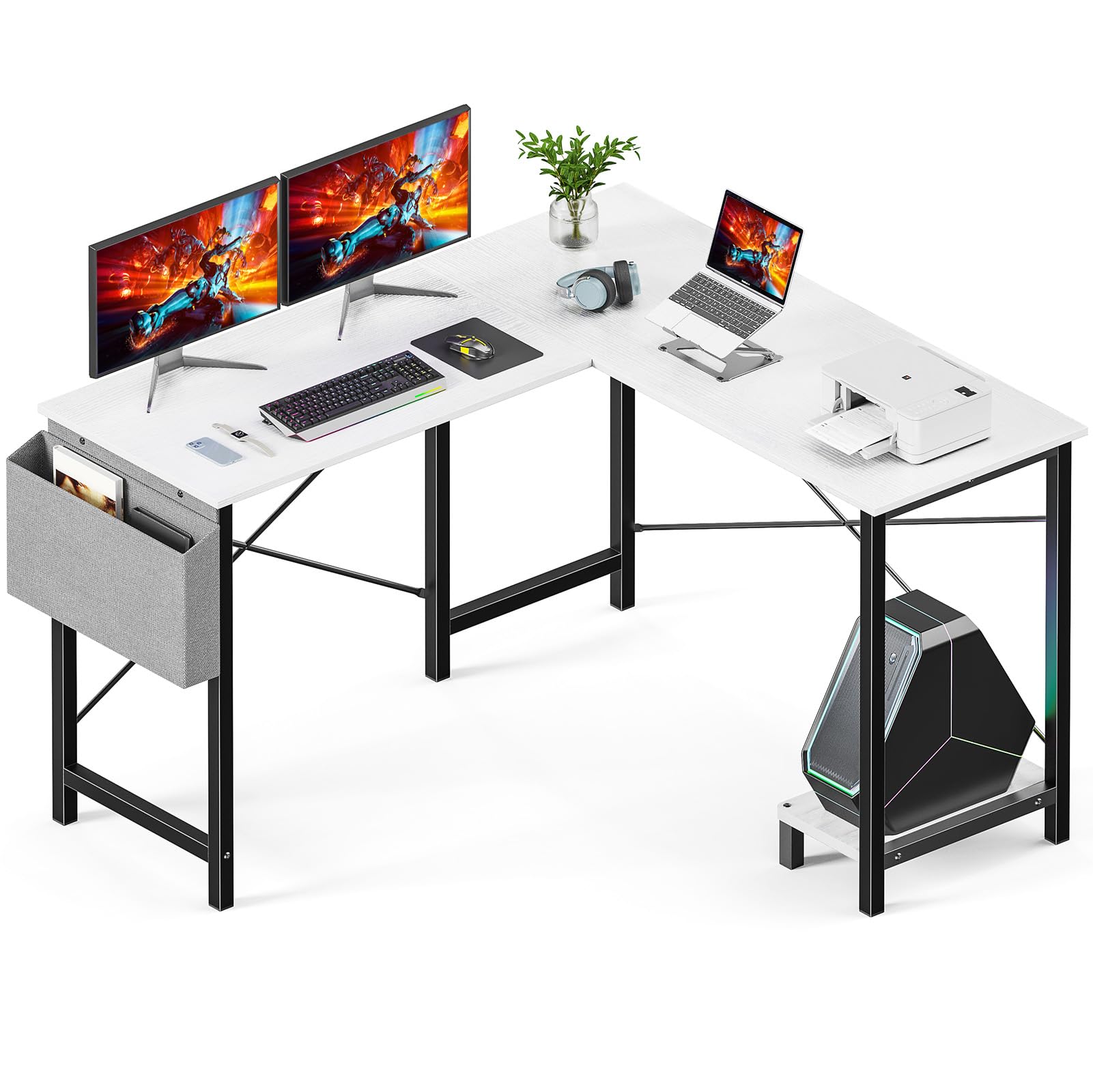 DUMOS L Shaped Desk Computer Gaming Corner Table 50 Inch Home Office Writing Student Work PC Workstation with Side Storage Bag C